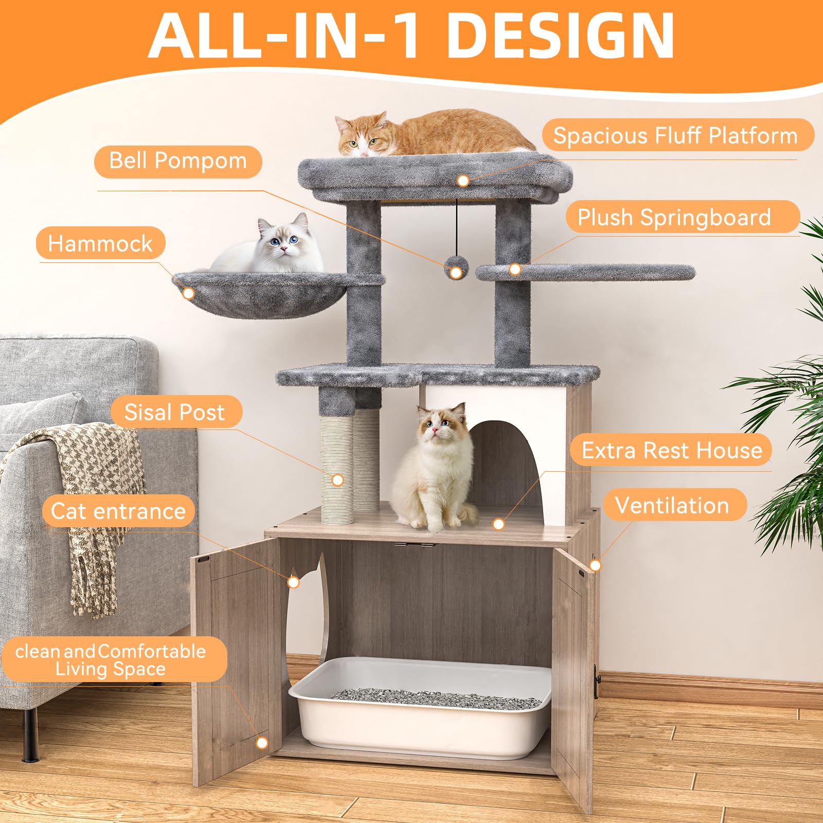 Havenlyyouth Litter Box Enclosure With Cat Tree,Cat Tree With Litter Box Enclosure,Hidden Pet Washroom Furniture With Sisal Scra