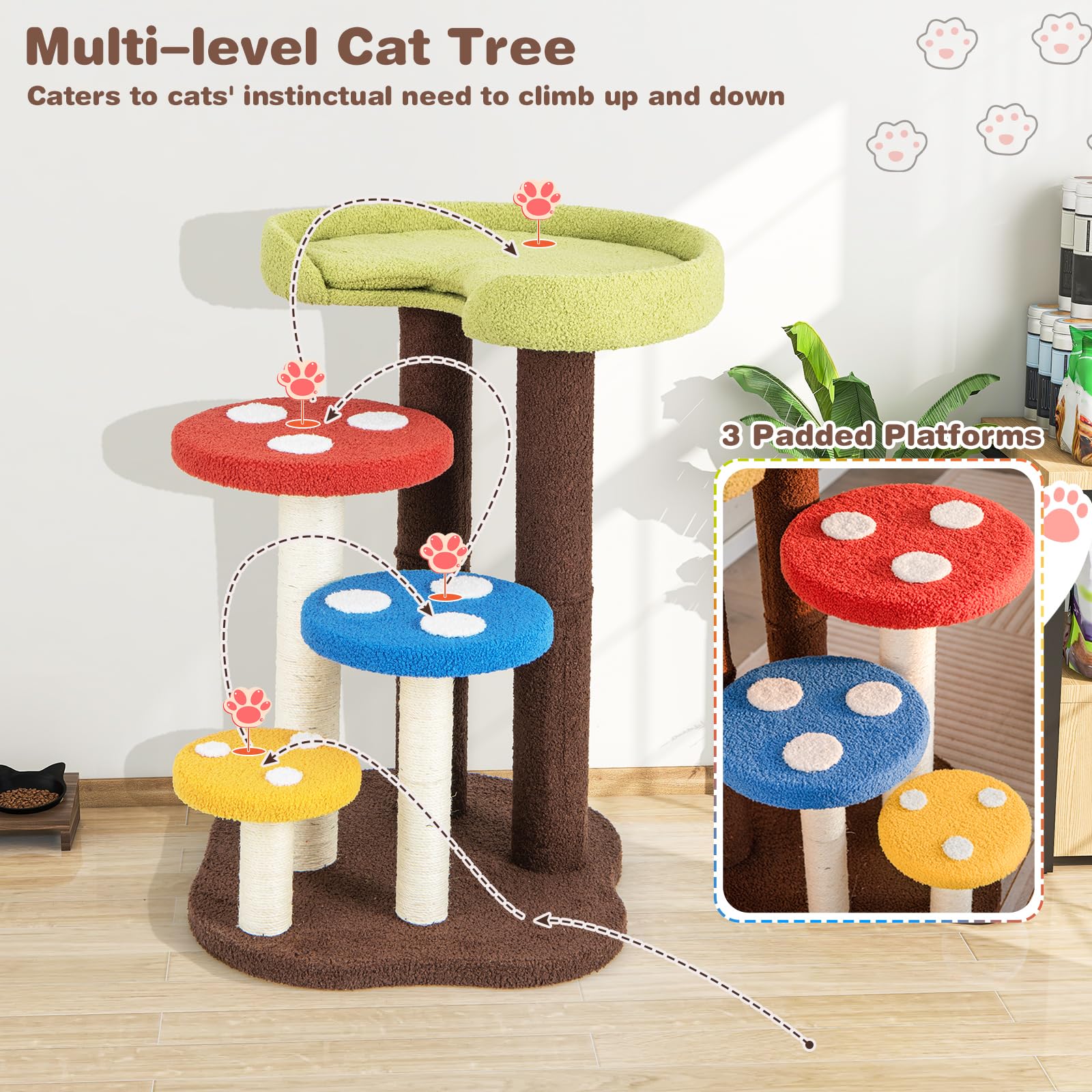 Petsite Mushroom Cat Tree, 37 Inches Tall Multi-Level Cat Tower With Natural Sisal Scratching Posts, Cozy Top Perch & Removable