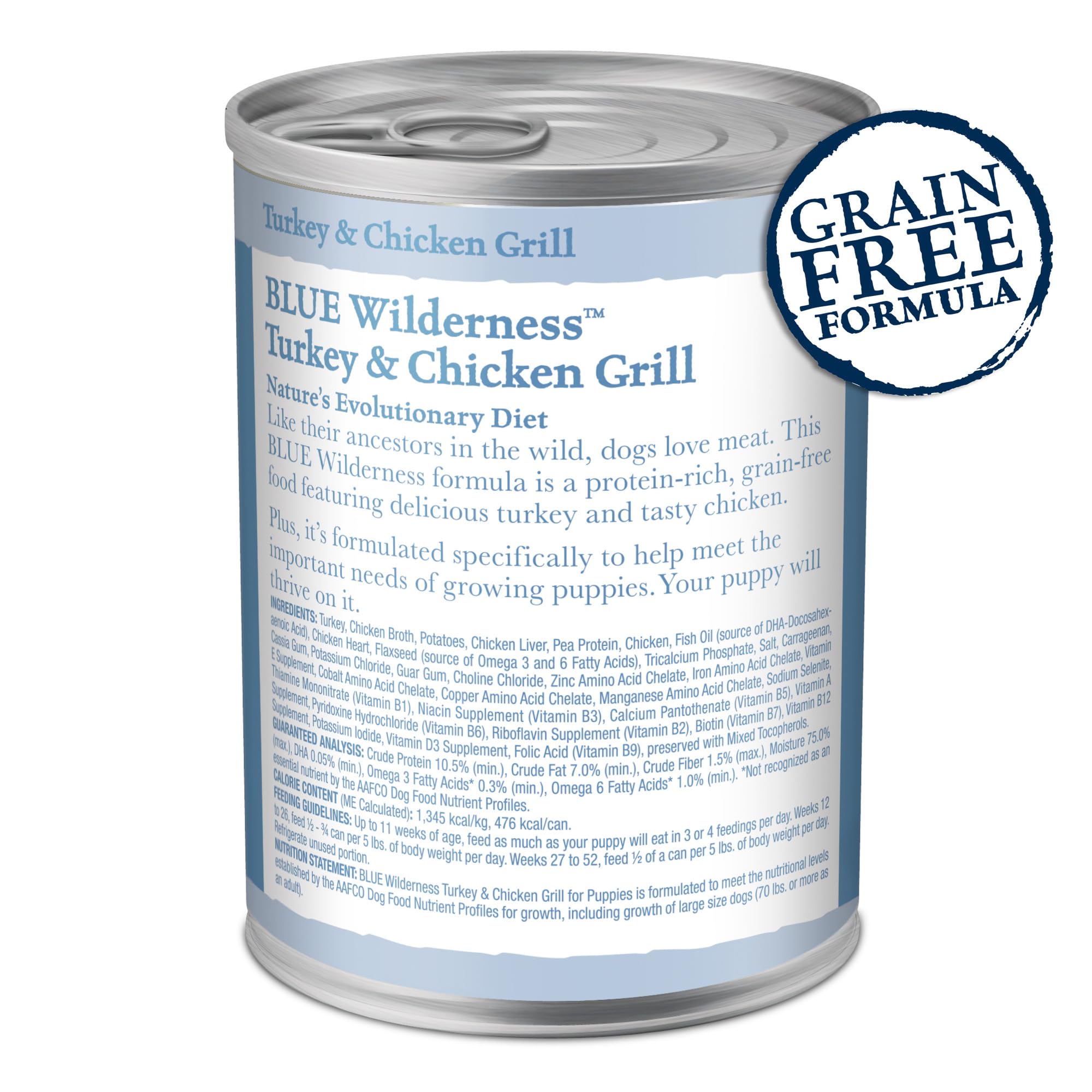 Blue Buffalo Wilderness Natural High-Protein & Grain-Free Wet Food for Puppies, Turkey & Chicken, 12.5-oz. Cans, 12 Count