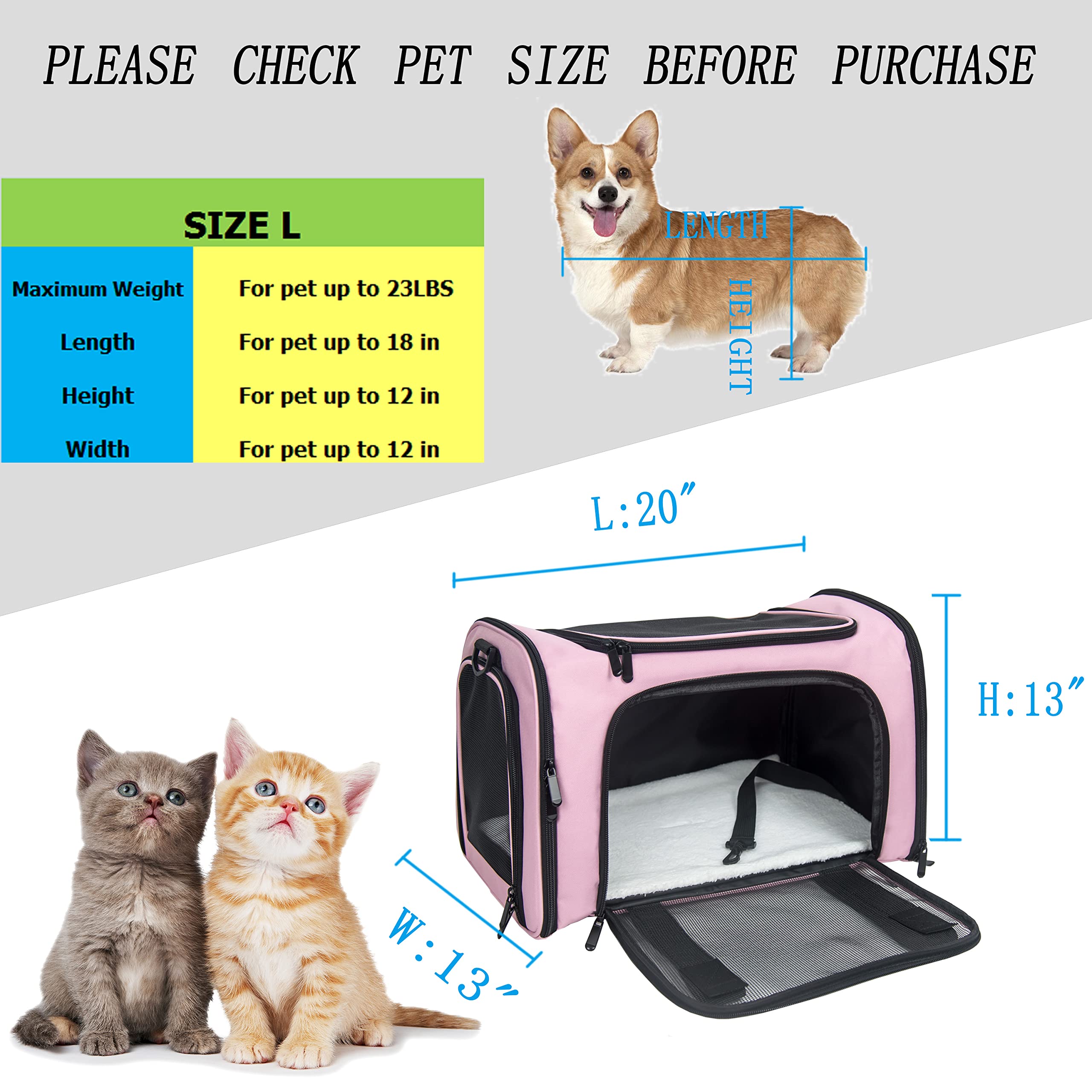 Nextfri Soft Sided Carrier For Small Medium Cats Dogs,Removable Pad Collapsible Travel Pet Carrier Large Pink