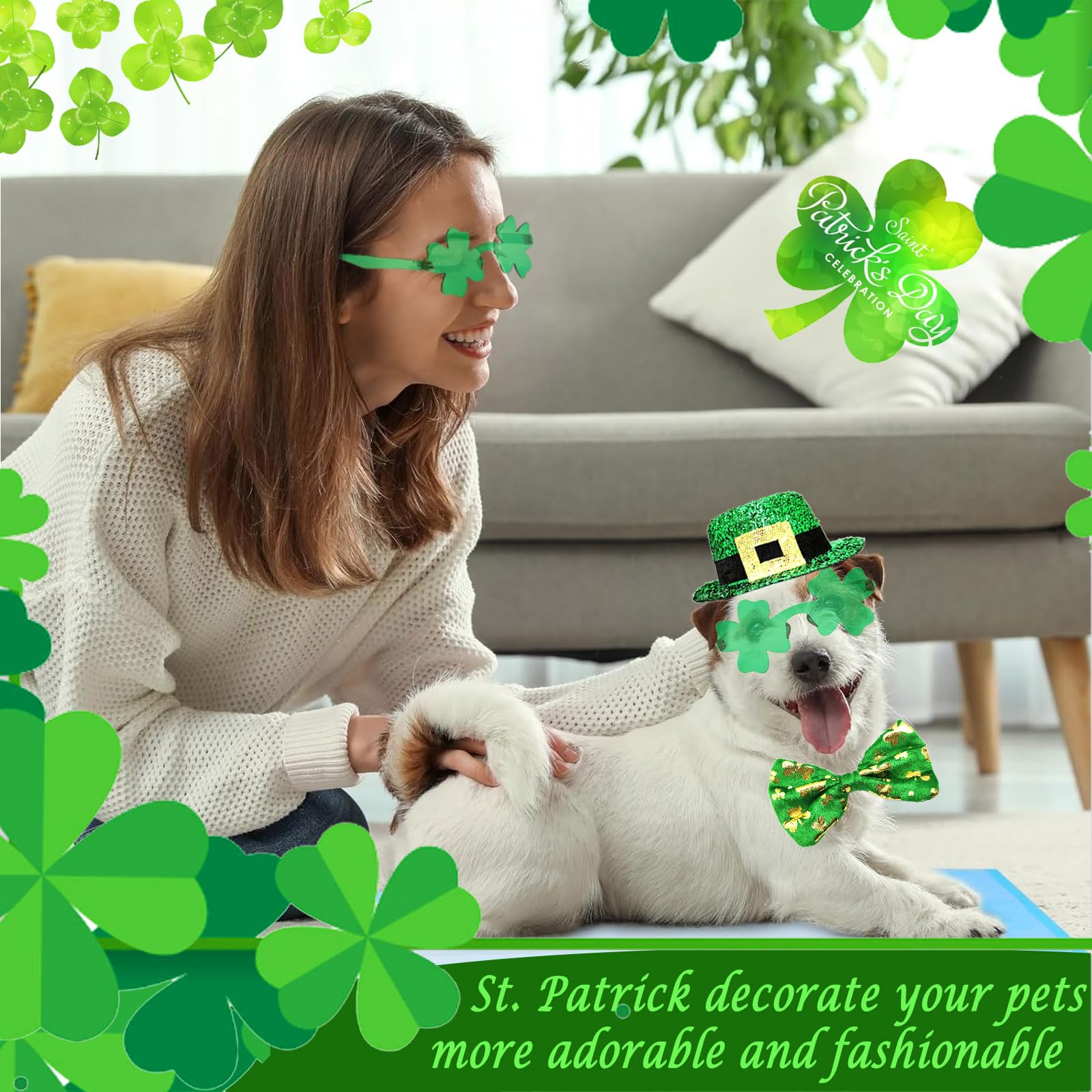 St Patrick'S Day Dog Costume 3 Pcs Irish Leprechaun Green Tall Hat Pet Shamrock Sunglasses Bow Tie Kit For Large Dogs Saint Patr