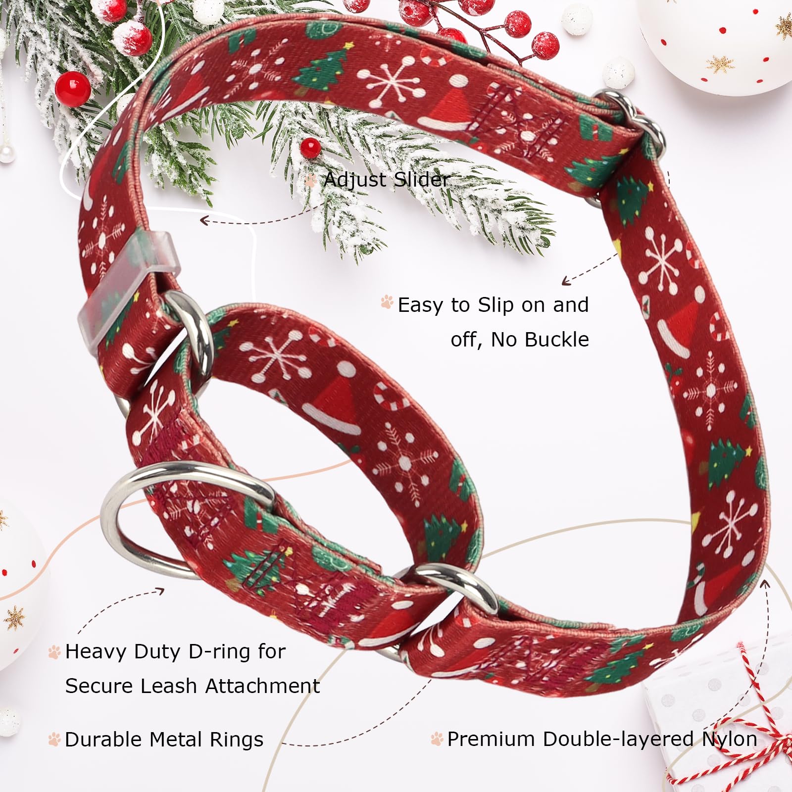 Christmas Martingale Collar For Dogs With Snowflakes And Christmas Trees, Adjustable No Slip Dog Training Collar Soft Nylon Dog