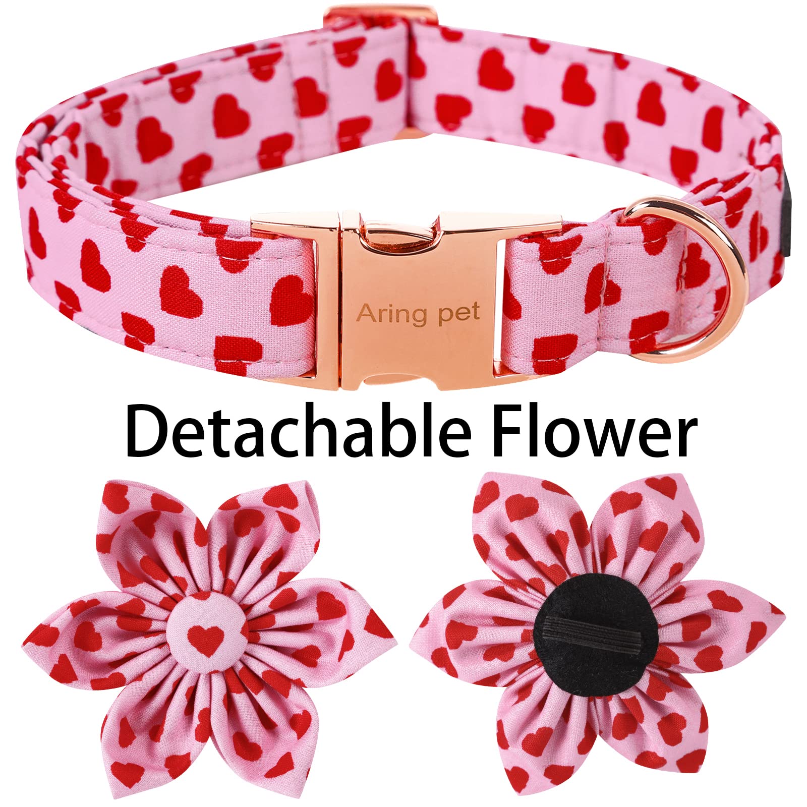 Aring Pet Valentine's Day Dog Collar - Adjustable Cotton X-Small Pink Heart with Flower Design