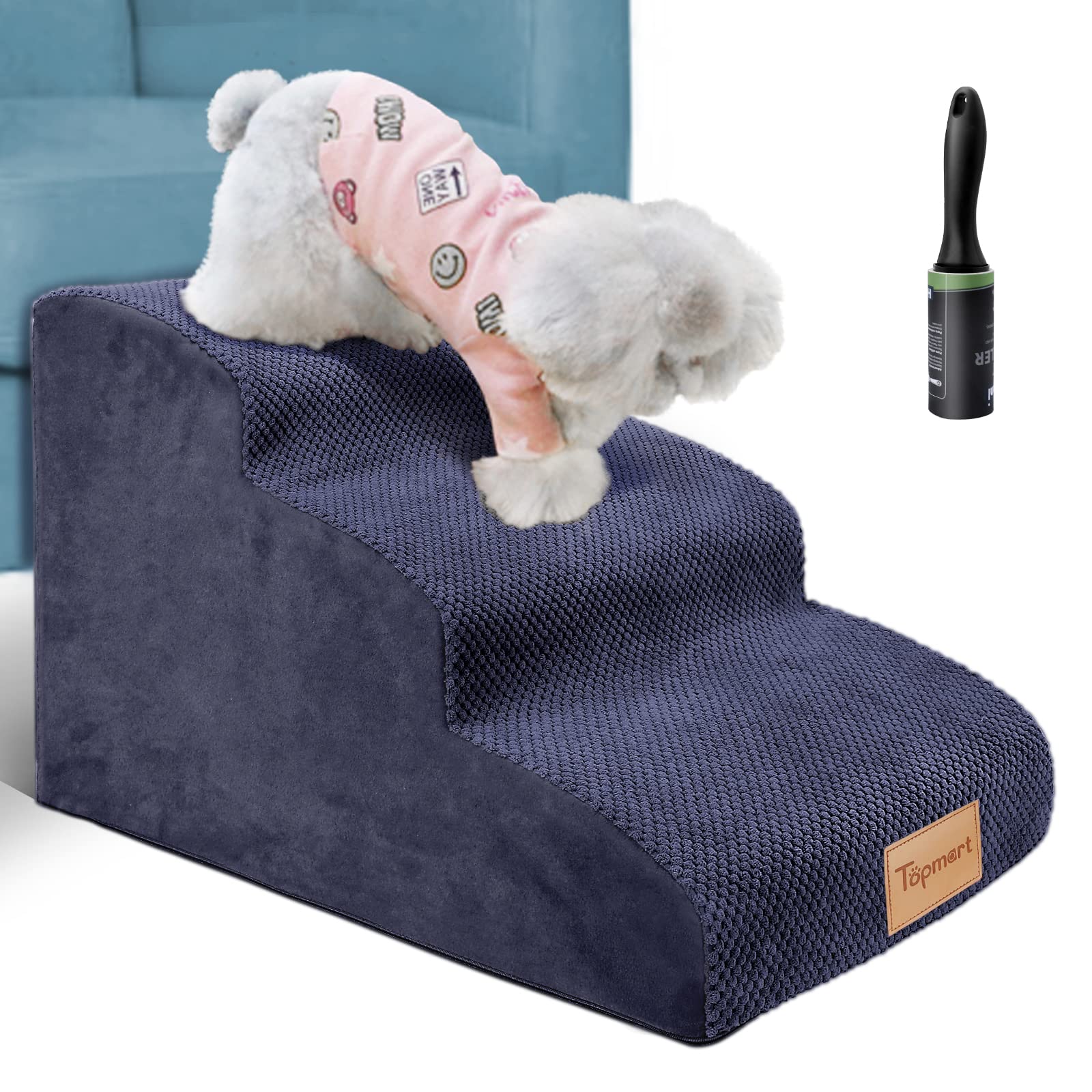 Topmart 3 Tiers Foam Dog Ramps/Steps,Non-Slip Dog Steps,Extra Wide Deep Dog Stairs,High Density Foam Pet Stairs/Ladder,Best For Older Dogs,Cats,Small Pets,With Pet Hair Remover Roller,Blue