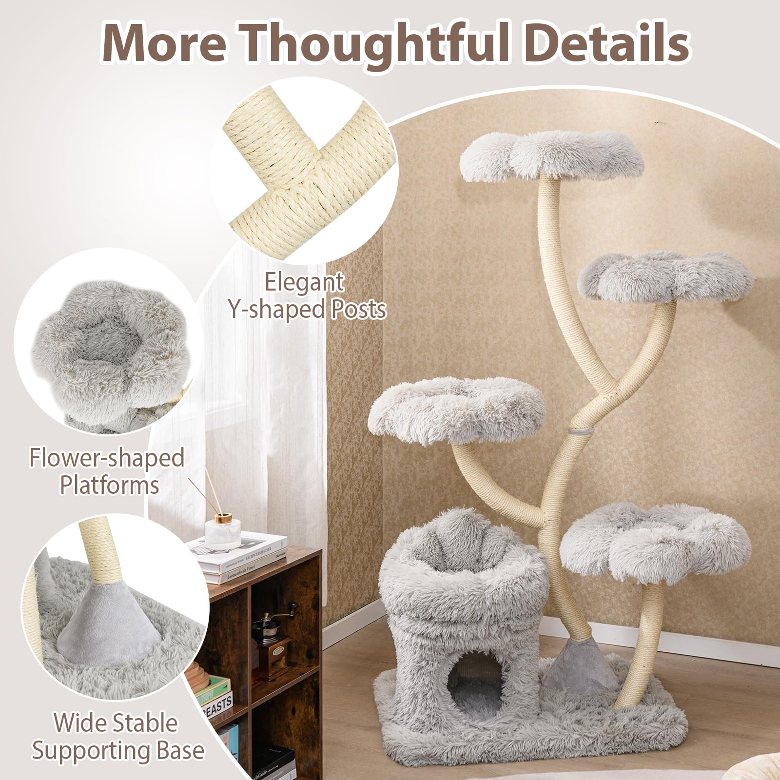 Tangkula Cat Tree Tower, 65 Inch Tall Cat Tower with Sisal Scratching Posts, Flower-Shaped Platforms, Padded Cat Condo, Modern C