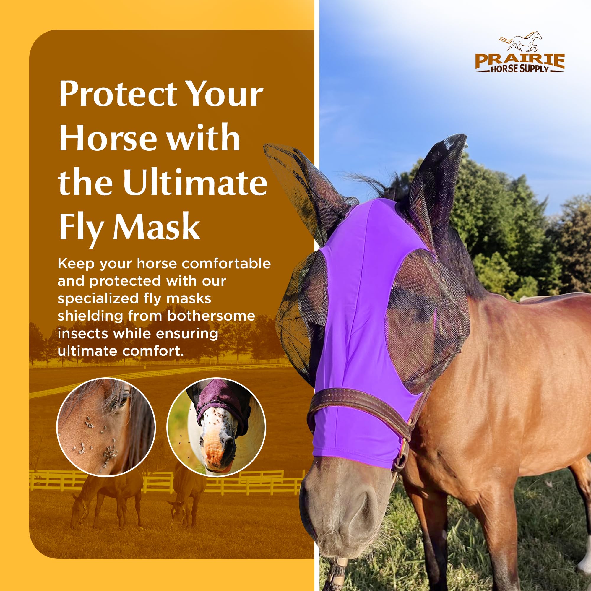 Prairie Horse Supply - UV Fly Mask with Ears for Horses - stretchy Comfort Fit Design - Horse Fly Protection for Trail and Pastu
