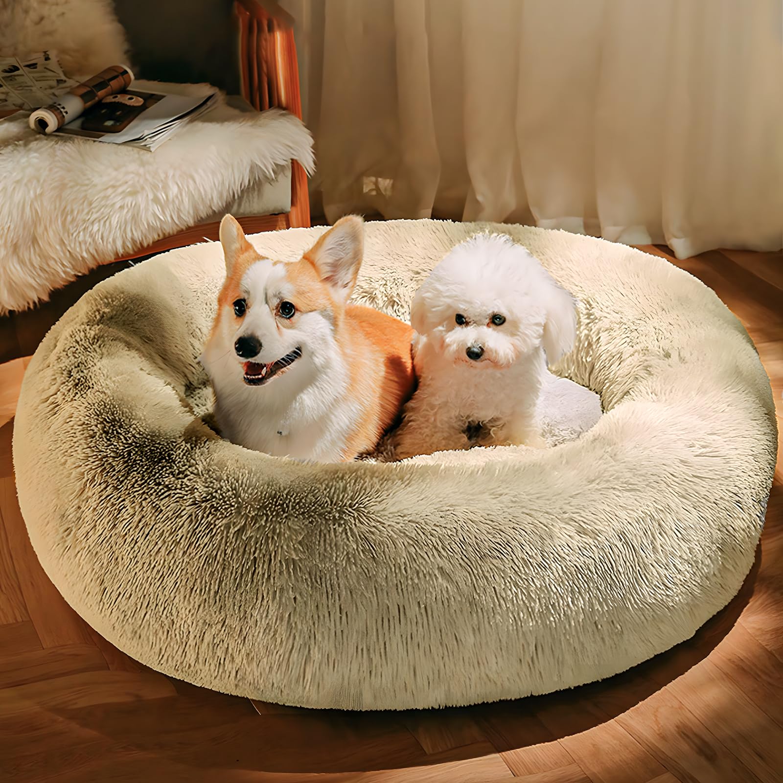 Magshion Long Plush Calming Dog Beds For Medium Dogs, Comfy Cuddler Donut Cat Beds For Indoor Cats, Machine Washable & Non-Slip