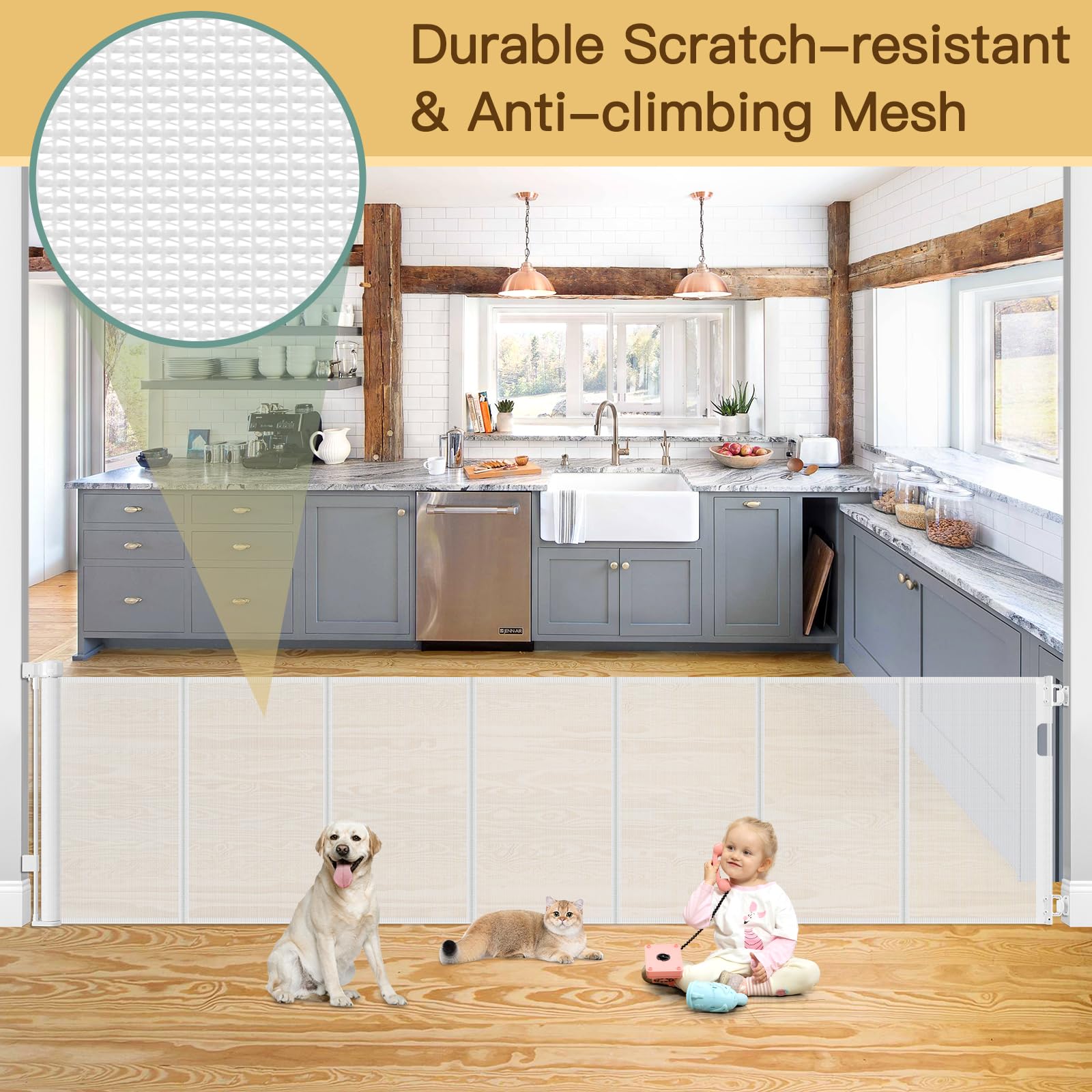 Reinforced 200 Inch Retractable Baby Gates Extra Wide Baby Gate for Large Openings, XL No Sag and Wrinkle Mesh Pet Gates for Wid