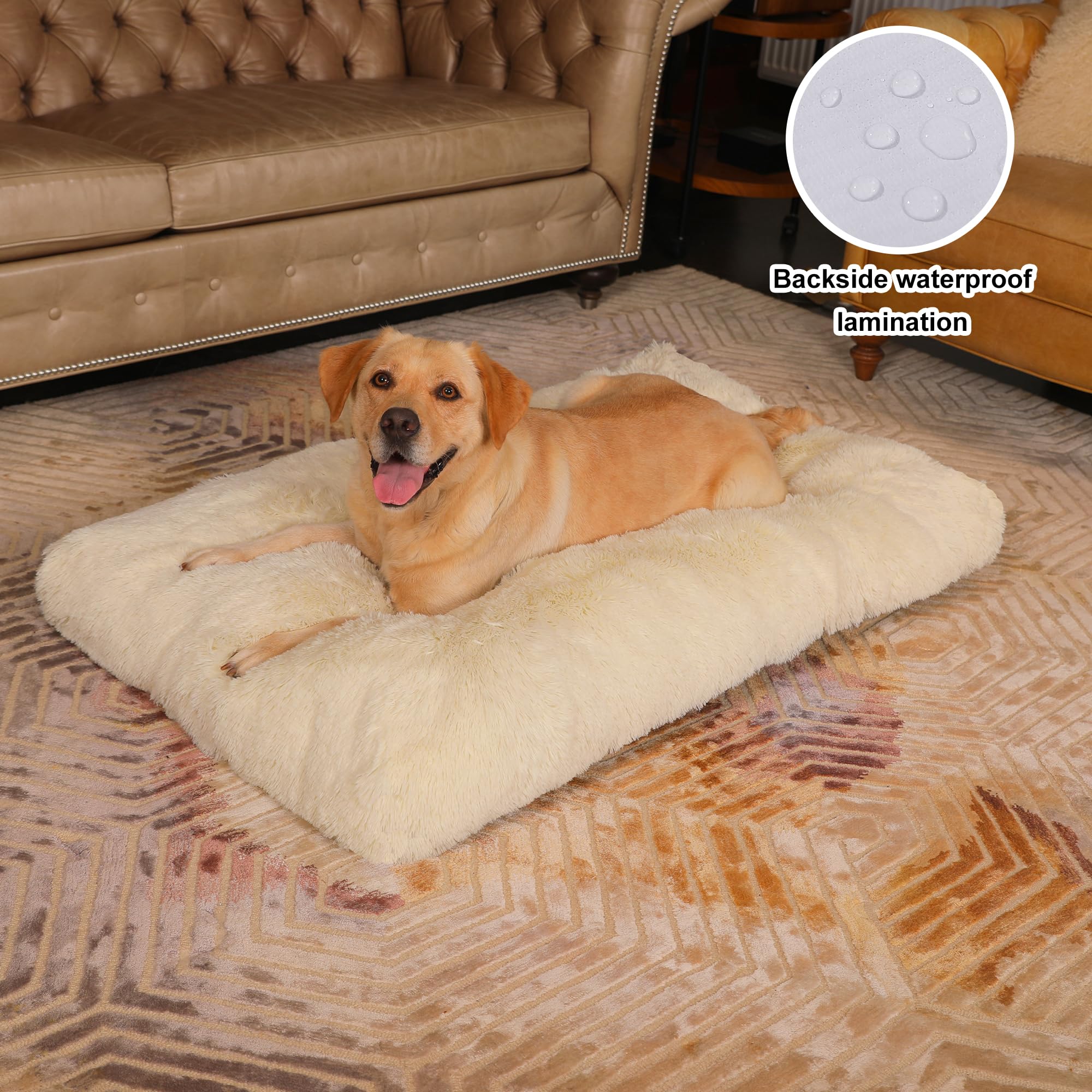 Bedfolks Waterproof Xxl Dog Crate Bed, Plush Pad With Removable Cover, Faux Fur, Fluffy Washable Kennel Bed, 47''X29'', Cream