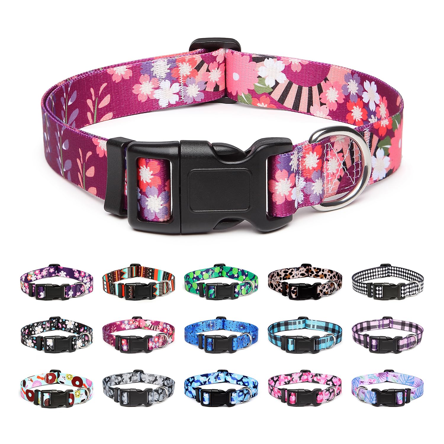 Mercano Adjustable Dog Collar - Special Design Patterns, Soft Nylon Comfortable Durable Pet Collar For Small Medium Large Dogs (S, Colorful Flower)