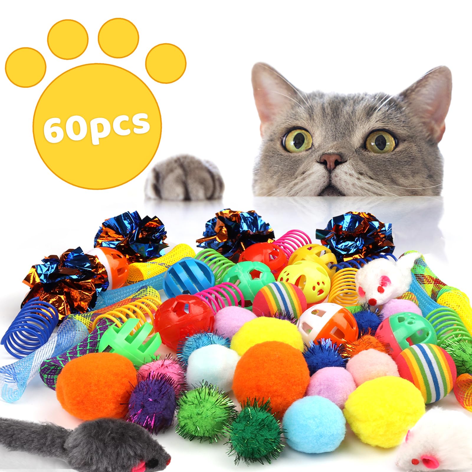 Quozuo Kitten Toys, 60Pcs Cat Balls Springs Toy Set, Cat Mouse Toy, Kitten Sparkle Crinkle Balls Furry Soft Pom Pom