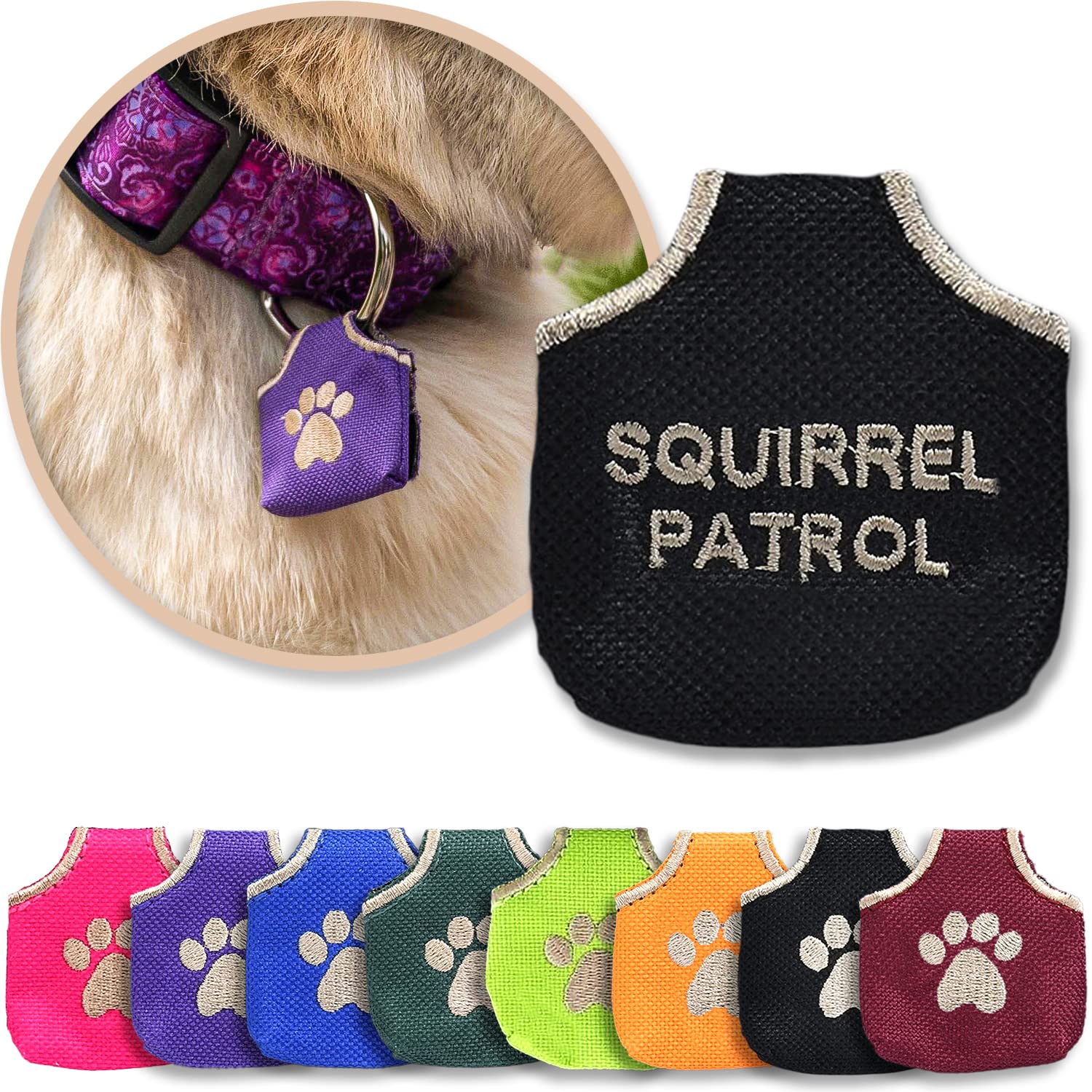 Woofhoof Dog Tag Silencer, Black Squirrel Patrol - Quiet Noisy Pet Tags - Fits Up To Four Pet Ids - Dog Tag Cover Protects Metal