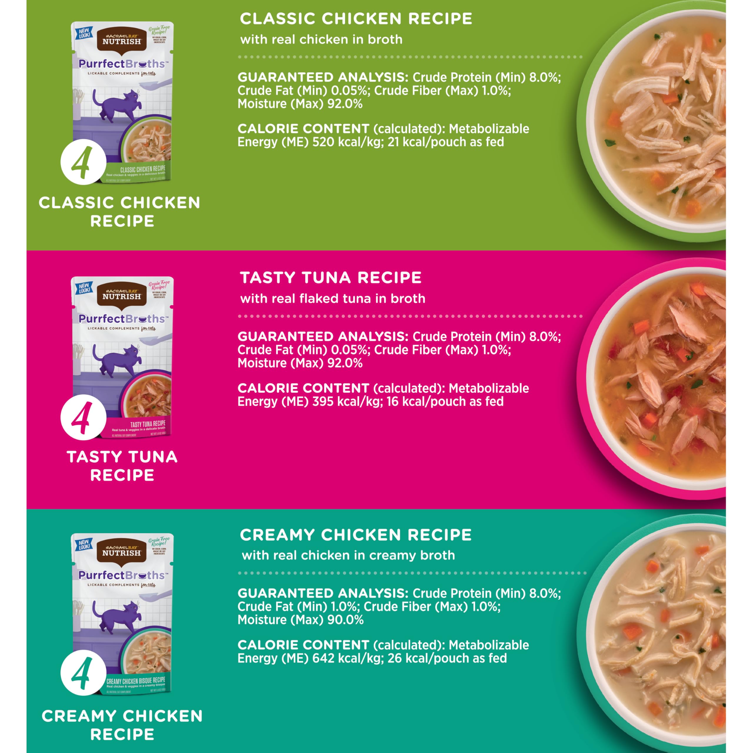 Rachael Ray Nutrish Purrfect Broths Natural Wet Cat Food, Variety Pack, 1.4 Ounce Pouch (Pack of 24), Grain Free
