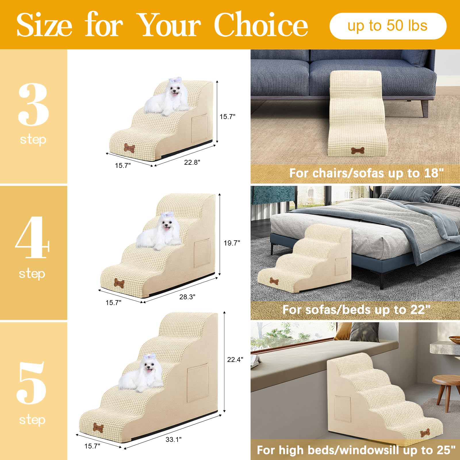 Dog Stairs For Small Dogs, Wide Pet Step With Removable Cover, No Assembly High Density Foam Cat Ramp For Bed Or Sofa, 3-Step, B