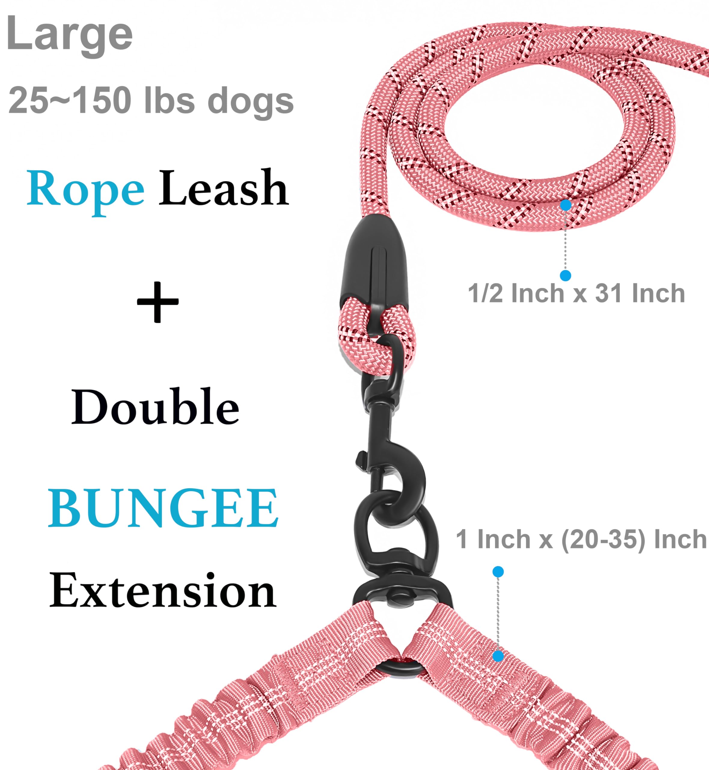 Iyoshop Dual Dog Leash, Double Dog Leash, 360 Swivel No Tangle Walking Leash, Shock Absorbing Bungee For Two Dogs, Large (25-150 Lbs), Baby Pink