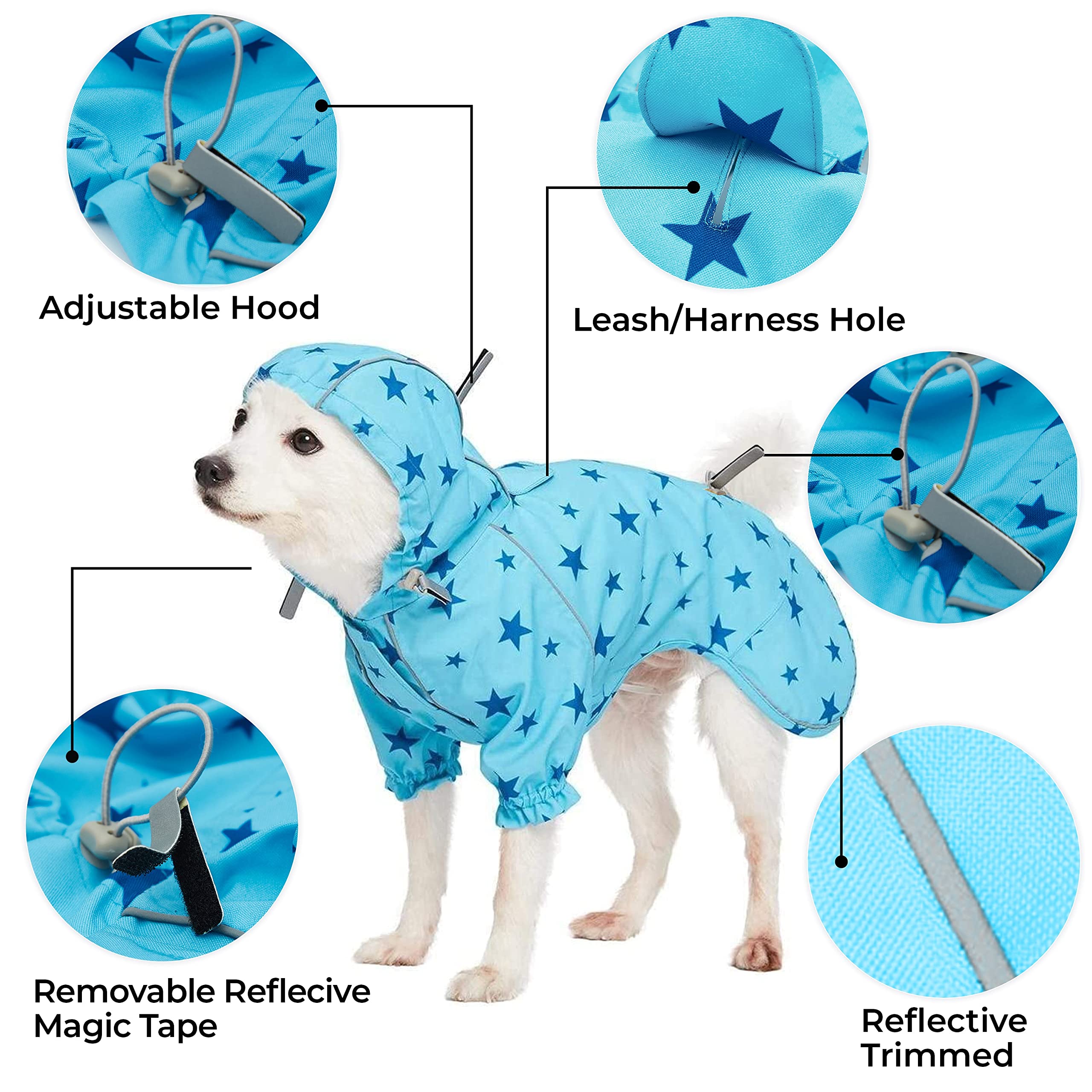 Blueberry Pet 14' Star Prints Lightweight Reflective Waterproof Dog Raincoat With Hood & Harness Hole, Blue, Outdoor Rain Gear Jacket 2 Legs For Dogs
