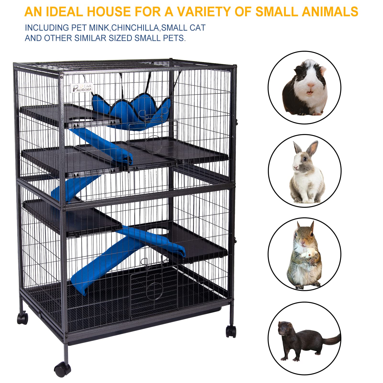 50' H 4 Tier Steel Plastic Deluxe Small Animal Pet Cage Kit For Guinea Pig Ferret Little Rabbit With Wheels Brakes Hammock Removable Tray And Ladder With Flannel