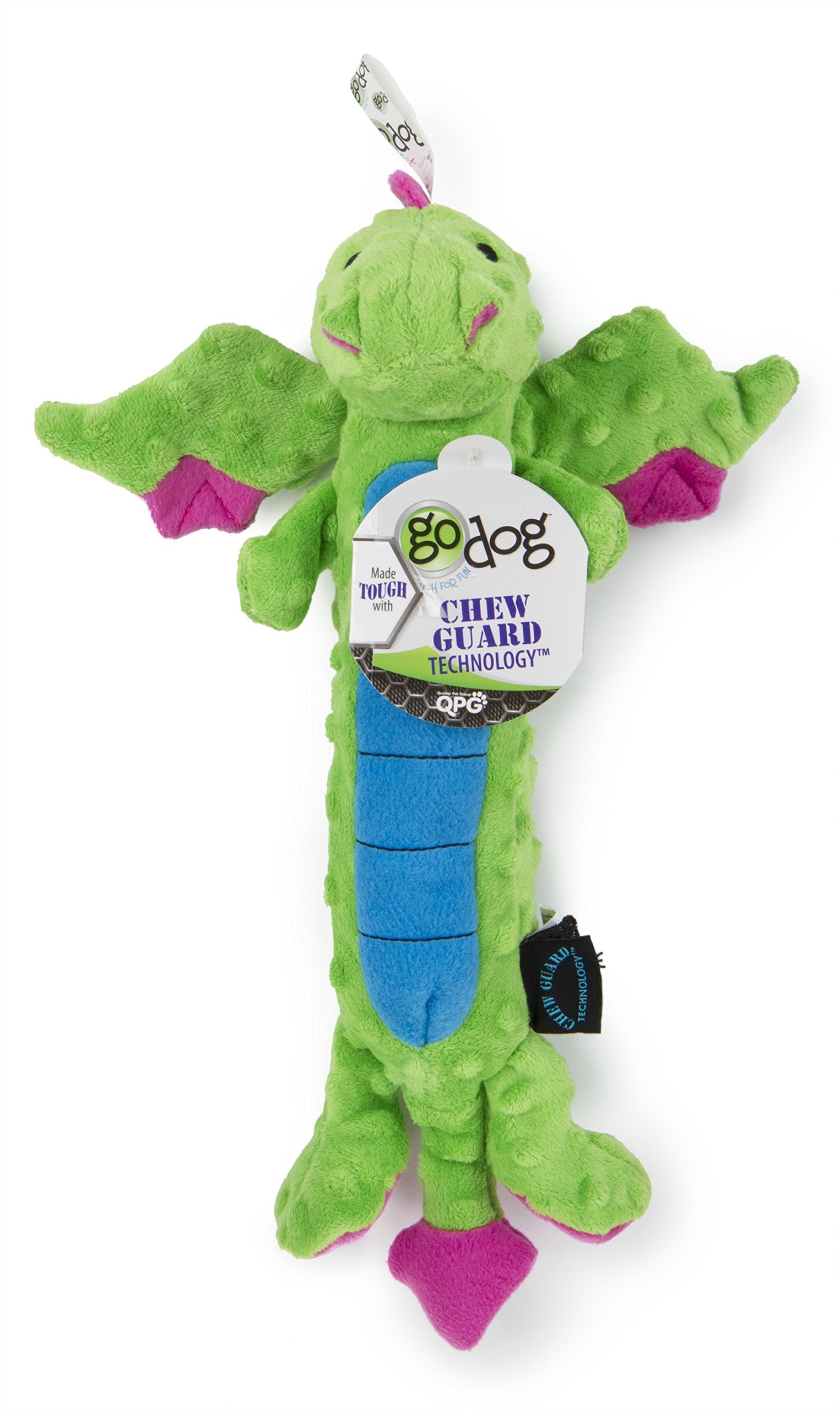 goDog Squeaky Plush Dog Toy, Chew Guard Technology, Large, Green, Bubble Plush Skinny Dragon