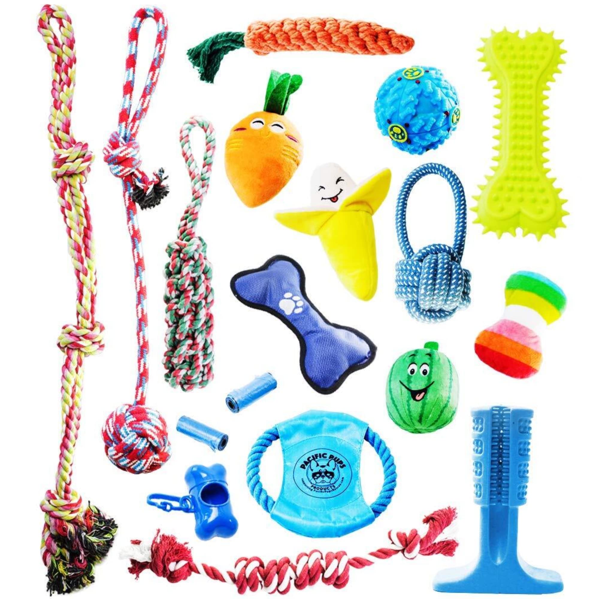 Pacific Pups Products 18 Piece Dog Toy Pack - Dog Chew Toys, Puppy Toys & Outdoor Dog Toys - Dog Toys To Keep Them Busy - Supports Non-Profit Dog Rescue - 18 Toys For Dogs