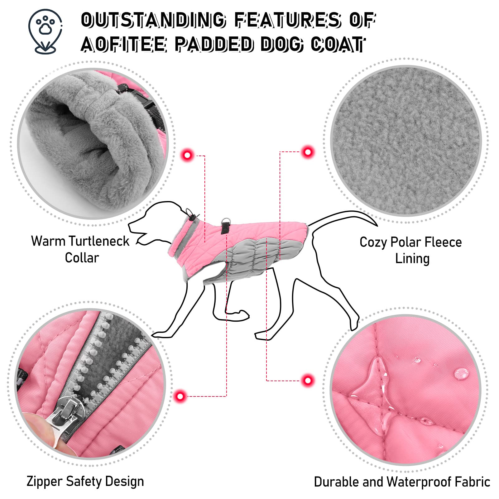 Aofitee Winter Dog Coat Warm Fleece Dog Jacket For Cold Weather, Reflective Zip Up Puppy Dog Snowproof Vest With Leash Ring, Outdoor Pet Sweater Snowsuit Apparel For Small Medium Large Dogs, Pink S
