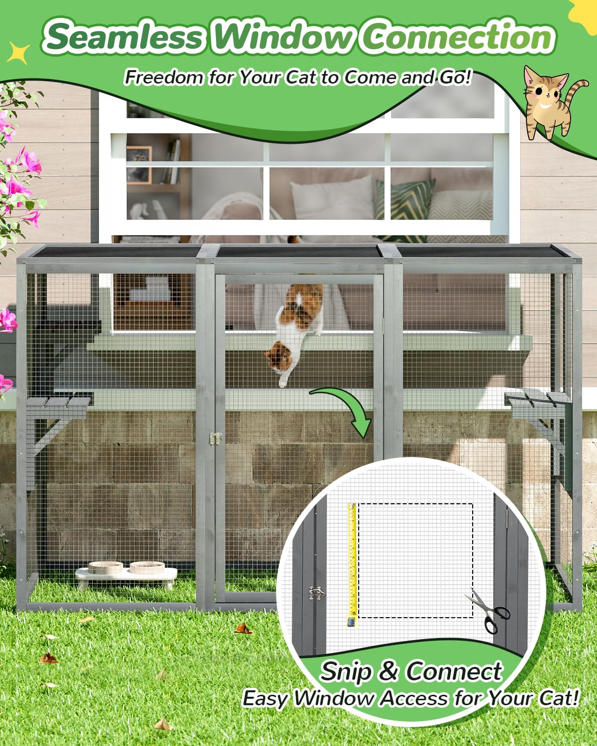 Catio Outdoor Cat Enclosure,71'' L Outside Cat House Weatherproof, Wooden Large Catios For Cats Patio, Cat Houses With 3 Platfor