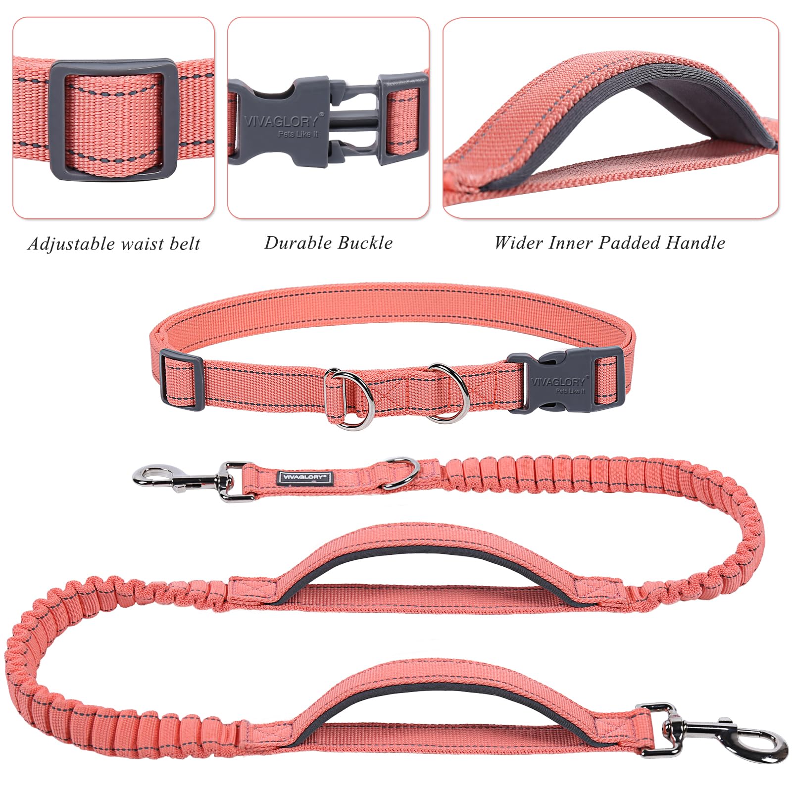 Vivaglory Hands Free Dog Running Leash With Dual Advanced Anti-Shock Bungees And Padded Handles, Reflective Waist Jogging Leash With Adjustable Belt For Training For Medium Large Dogs, Pink/Grey