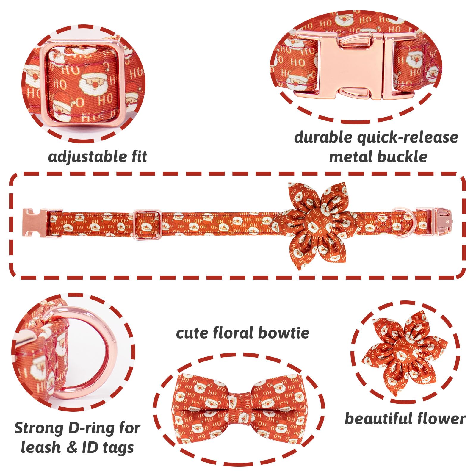 HSIGIO Dog Collar and Leash Set Girls Adjustable Puppy Collars with Christmas Bow Tie for Small Medium Large Female Dogs, Red Sa