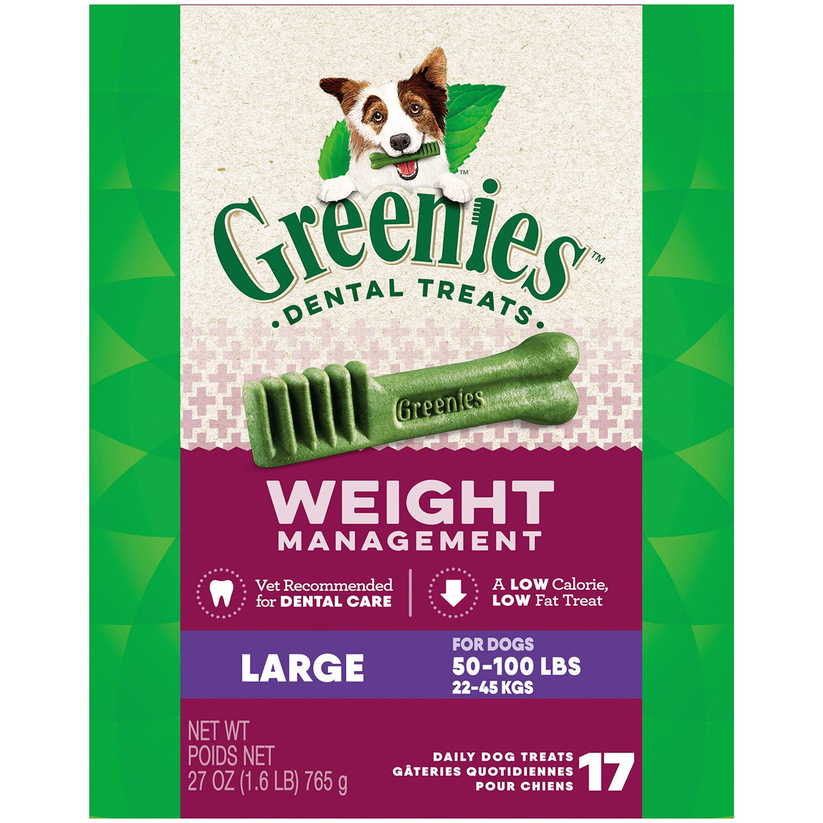 Greenies Weight Management Large Natural Dog Dental Care Chews Weight Control Dog Treats, 27 Oz. Pack (17 Treats)