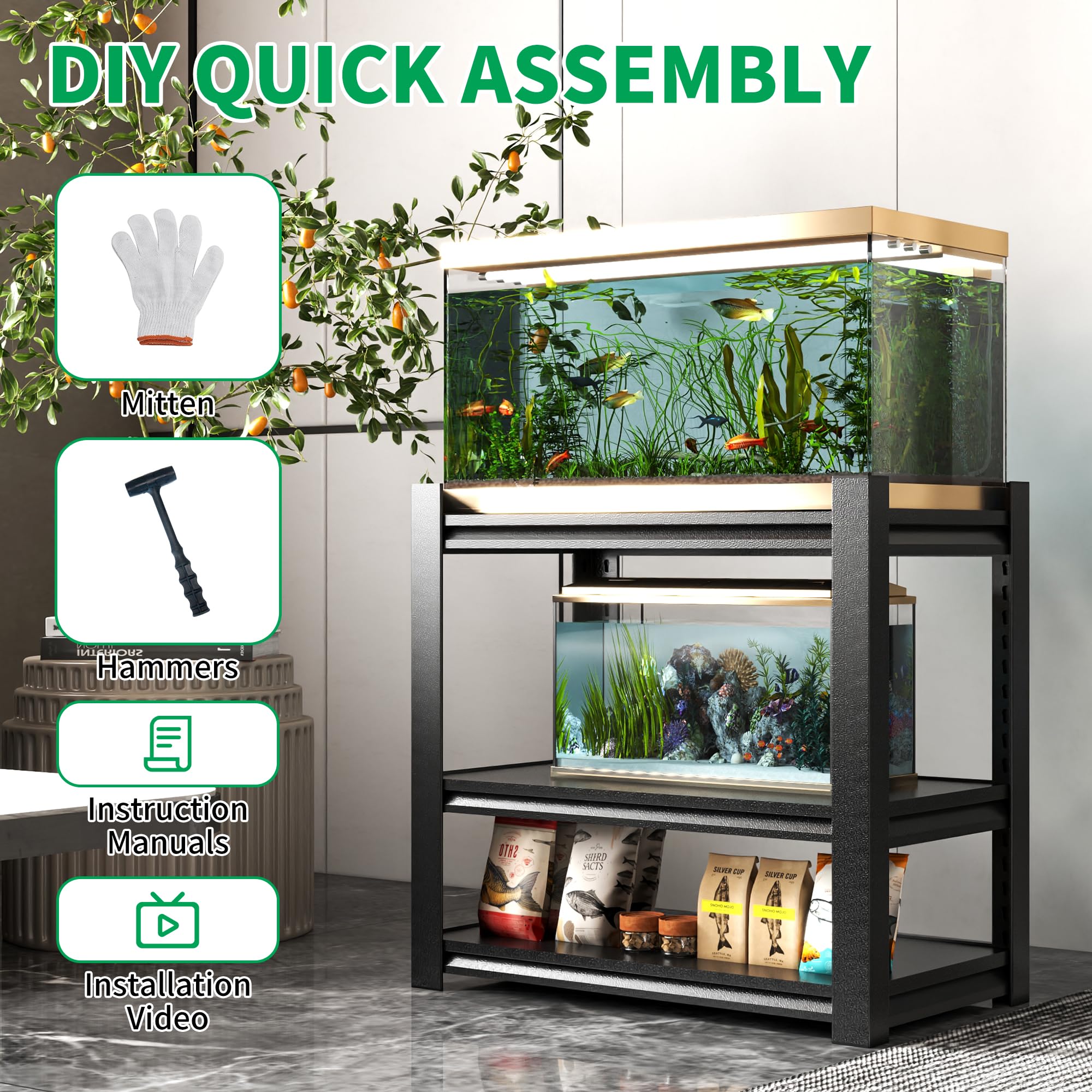 OPTYMIRA Fish Tank Stand,3-tier Rack Shelf Heavy Duty Metal Frame Aquarium Stand 20 Gallon,Reptile Terrarium Stand for 30 Gallon