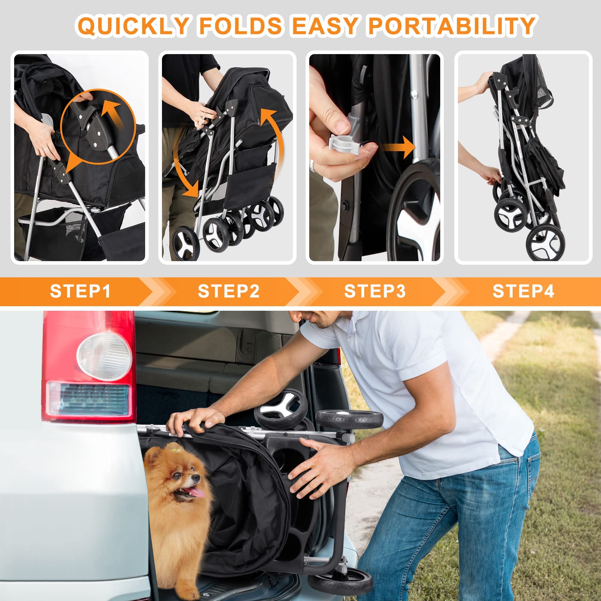 Pet Stroller 4 Wheels Dog Cat Stroller For Small Medium Dogs Cats Foldable Puppy Stroller With Storage Basket And Cup Holder