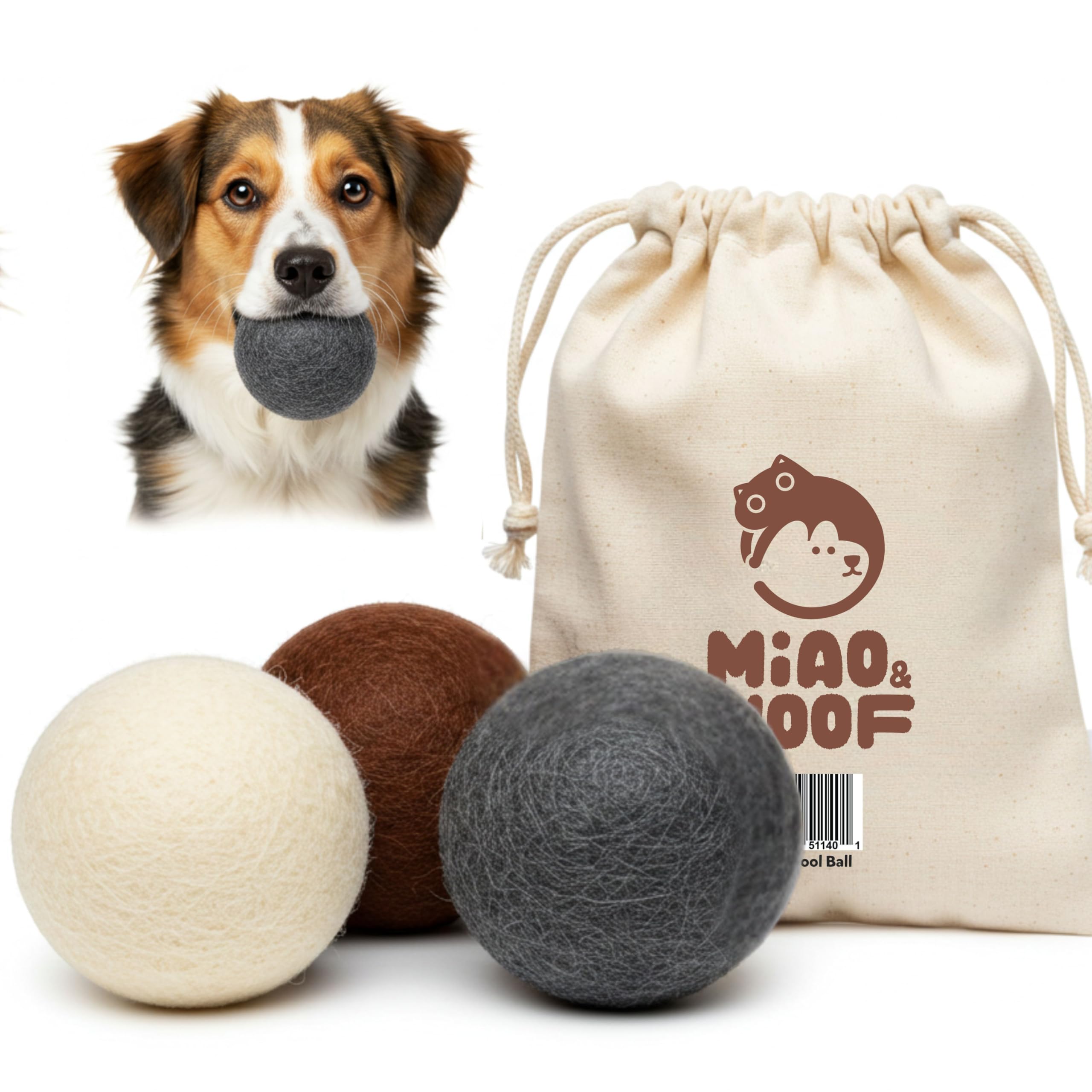 Miao and Woof 3-Piece 100% Pure Wool Dog Balls, Soft, Durable, Wool Felt Toy for Dogs & Puppies, Chew-Resistant, Perfect for Exe
