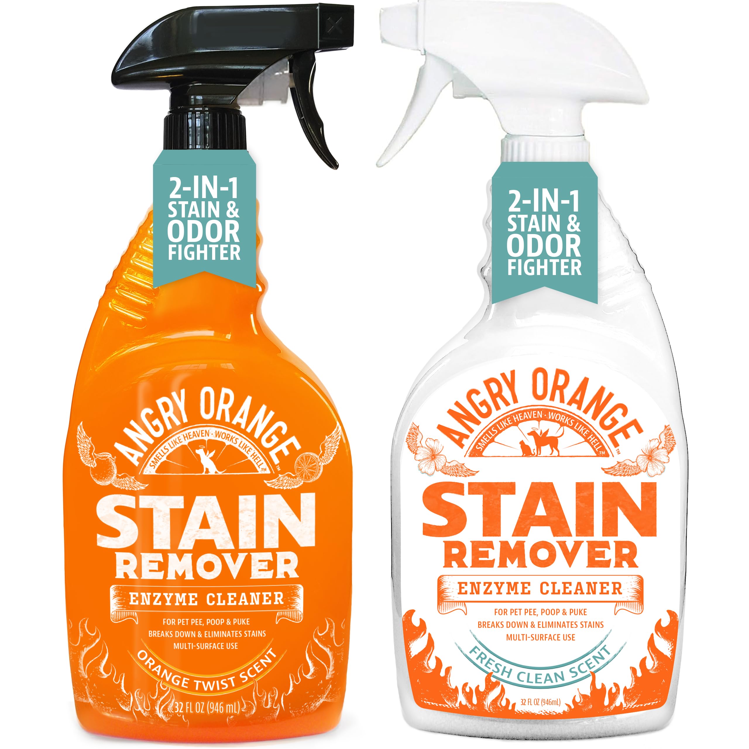 Angry Orange Pet Stain Remover For Dog Urine And Stains - Enzyme Cleaner - Citrus + Fresh Sent - Value 2 Pack