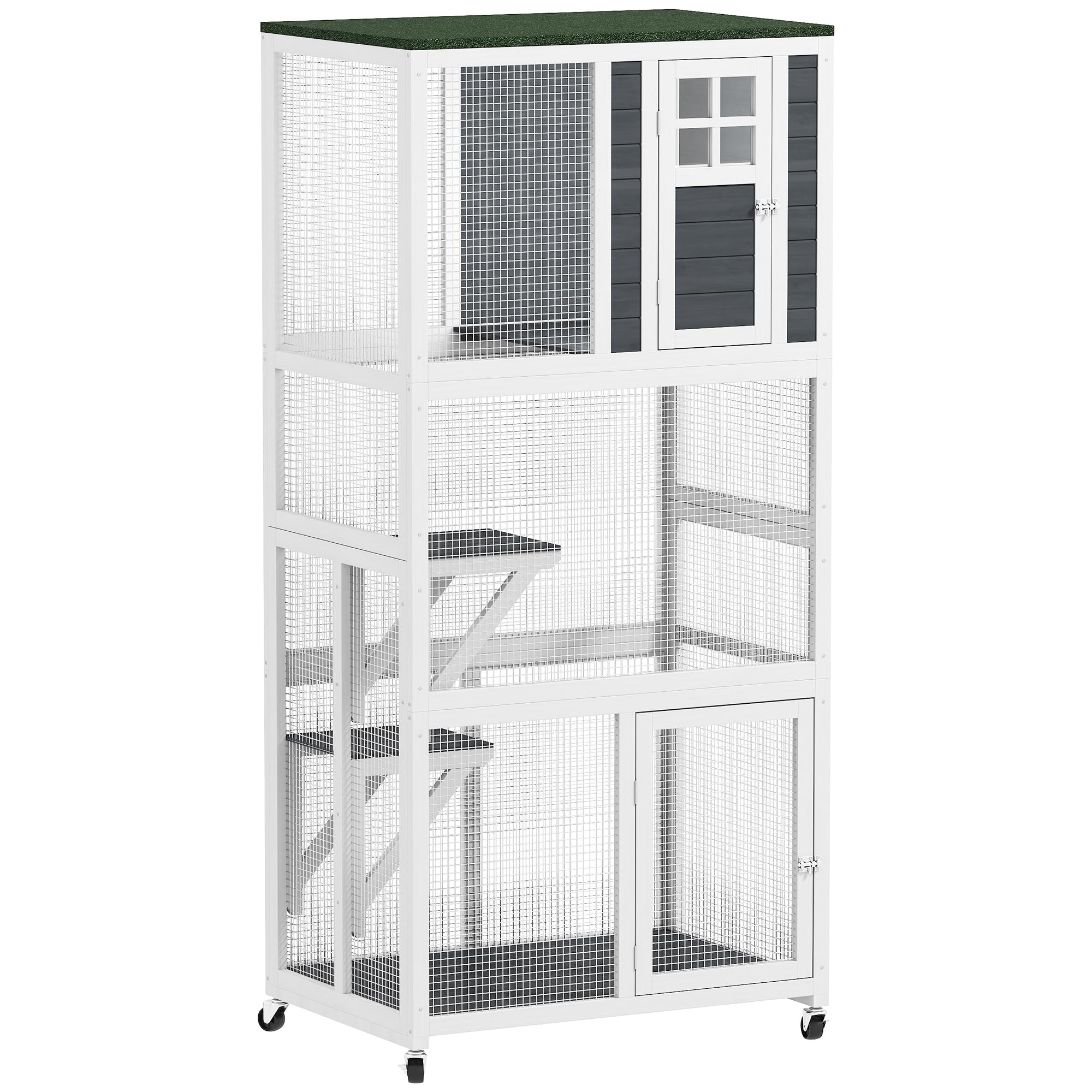 PawHut 74 Wooden Catio Outdoor Cat House Weatherproof & Wheeled, Outside Cat Enclosure with High Weight Capacity, Kitten Cage Co