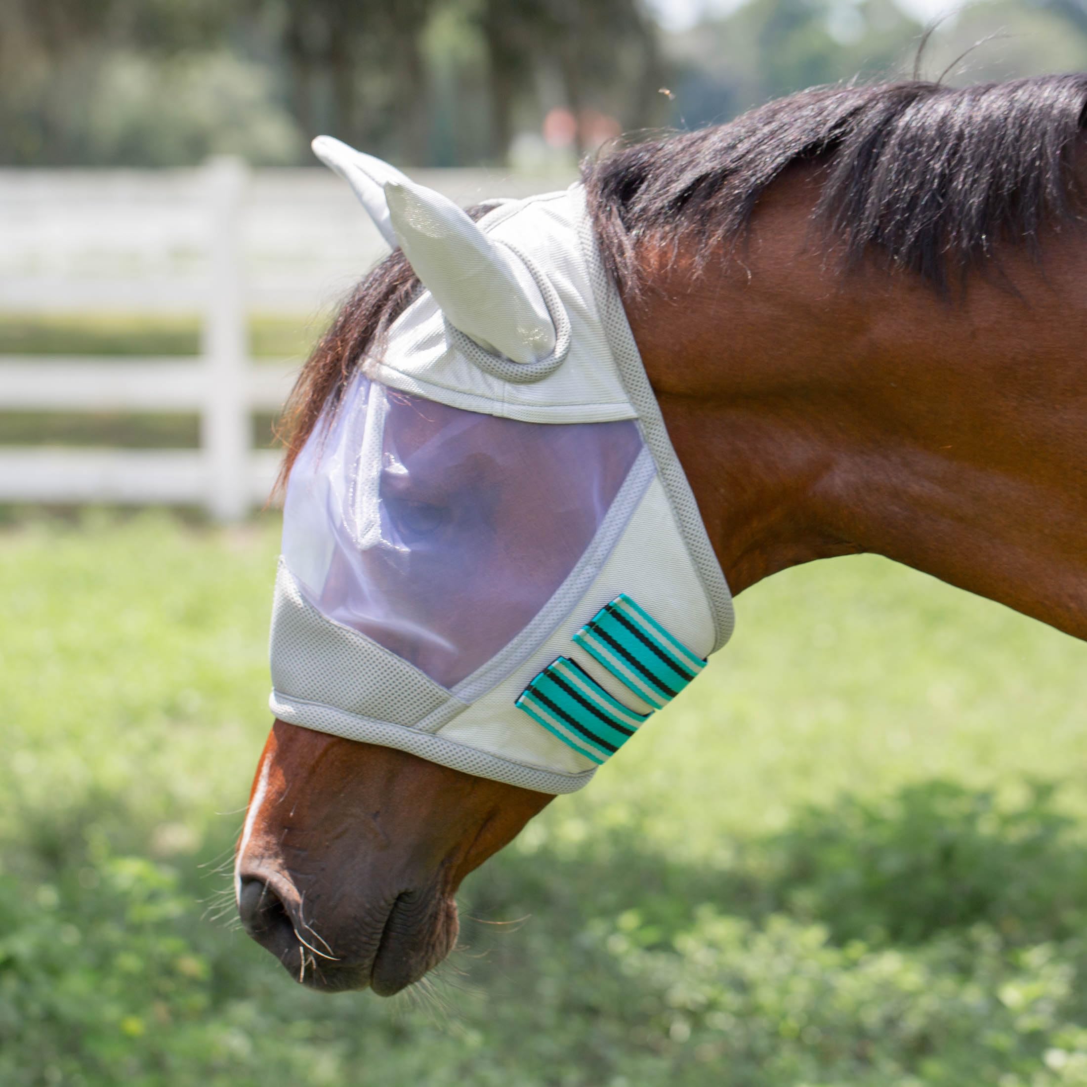 Equinavia Algard Soft Mesh Horse Fly Mask with Ear Protection and 45 UPF Rating | No Eye Irritation & UV Protection - Silver/Tur