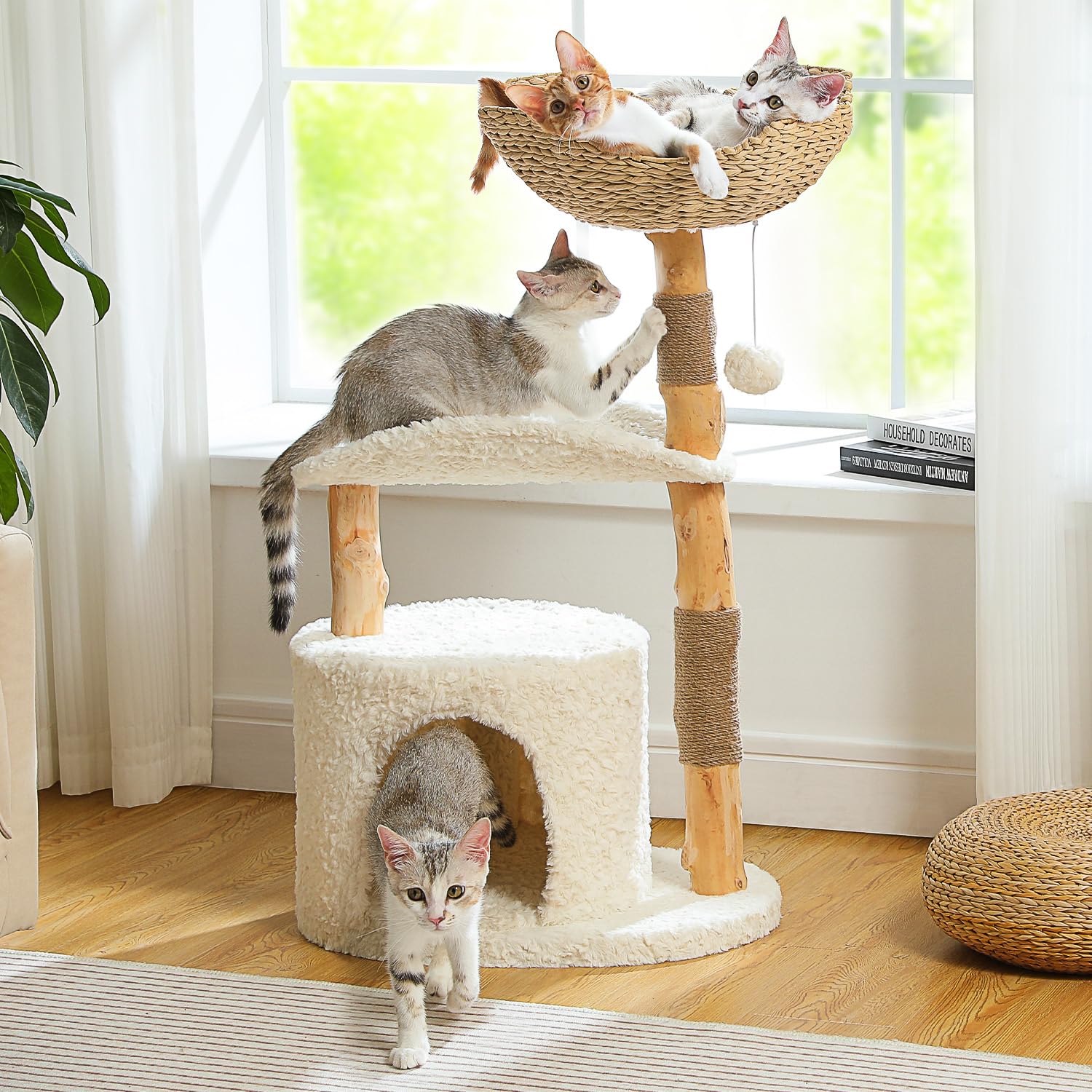 Muttros Modern Cat Tree Tower For Large Cats, Wood Cat Tower With Natural Scratching Post, Solid Wood Condo, Real Branch Luxury 