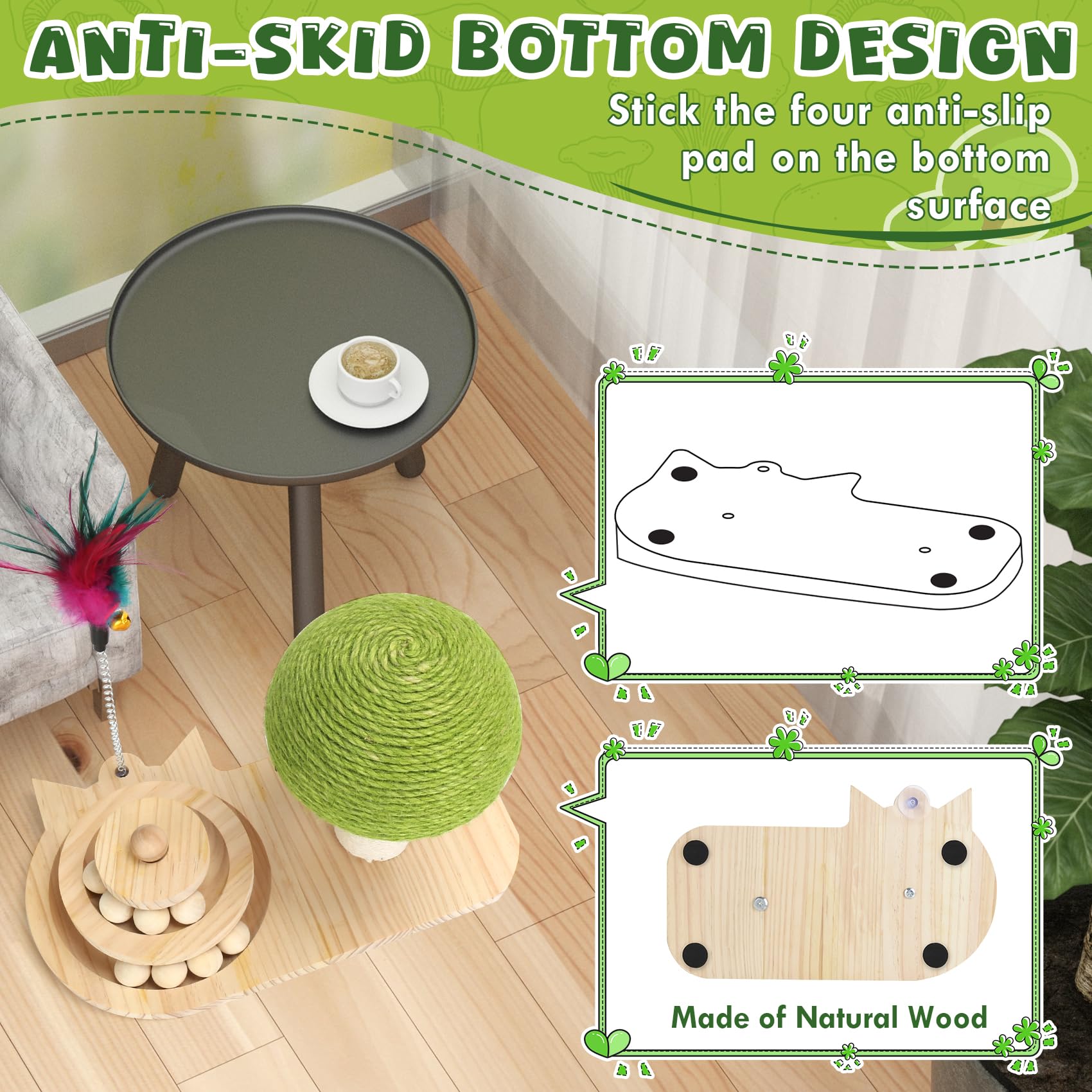 Cat Scratching Post, Sisal Mushroom Scratcher, Interactive Cat Toy With Ball And Bell Feather For Kittens And Small Cats