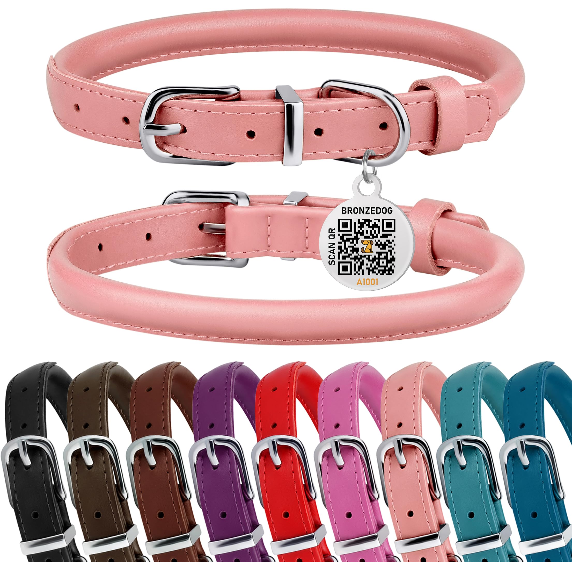 Bronzedog Rolled Leather Dog Collar For Small Medium Large Dogs With Qr Id Tag (L: 16-18 Inch, Powder Pink)