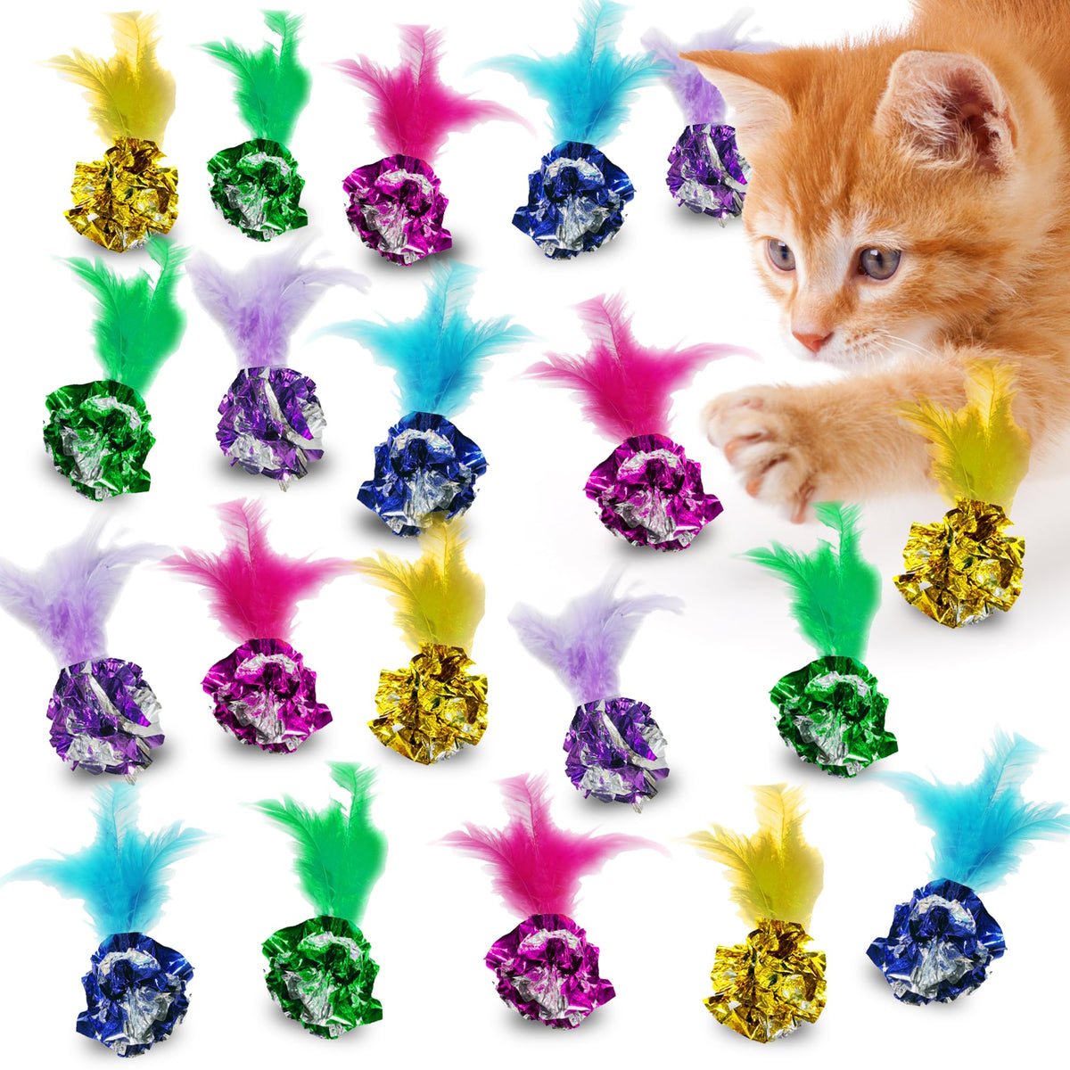 Sungrow Mylar Crinkle Balls With Feathers, 2.5-Inches, Shiny Stress Buster Crinkler, Suitable For Multiple Cats' Engagement, Ide