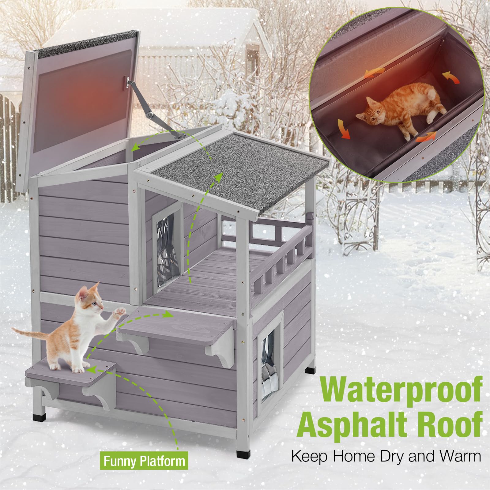 Cat House Outdoor 100% Insulation Feral Kitty Shelter With Insulated Liner For Winter,Waterproof Heated Cat Condo