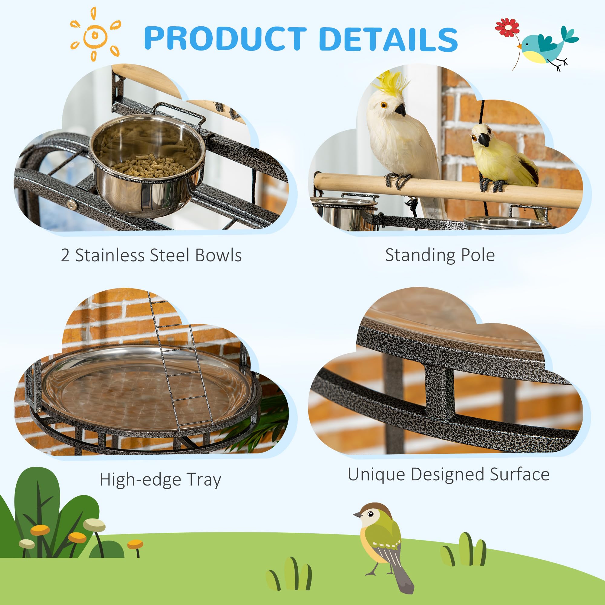 Pawhut Parrot Stand Large Bird Perch Stand With Toy Hook & 3 Ladders, Parrot Perch With Easy Grip, Bird Wooden Stand, Gray