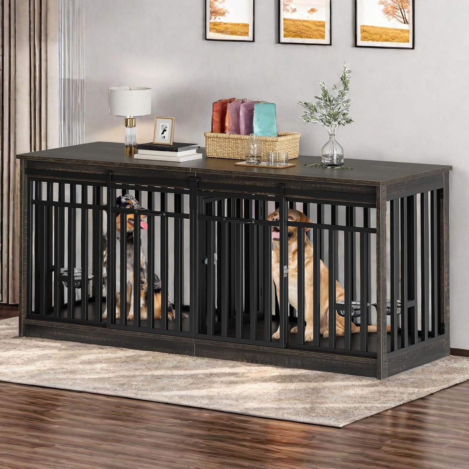 YITAHOME 71 Inch Double Dog Crate Furniture for 2 Dogs, Heavy Duty Wooden Crate TV Stand with 4 Bowls, Dog Kennel Indoor Furnitu