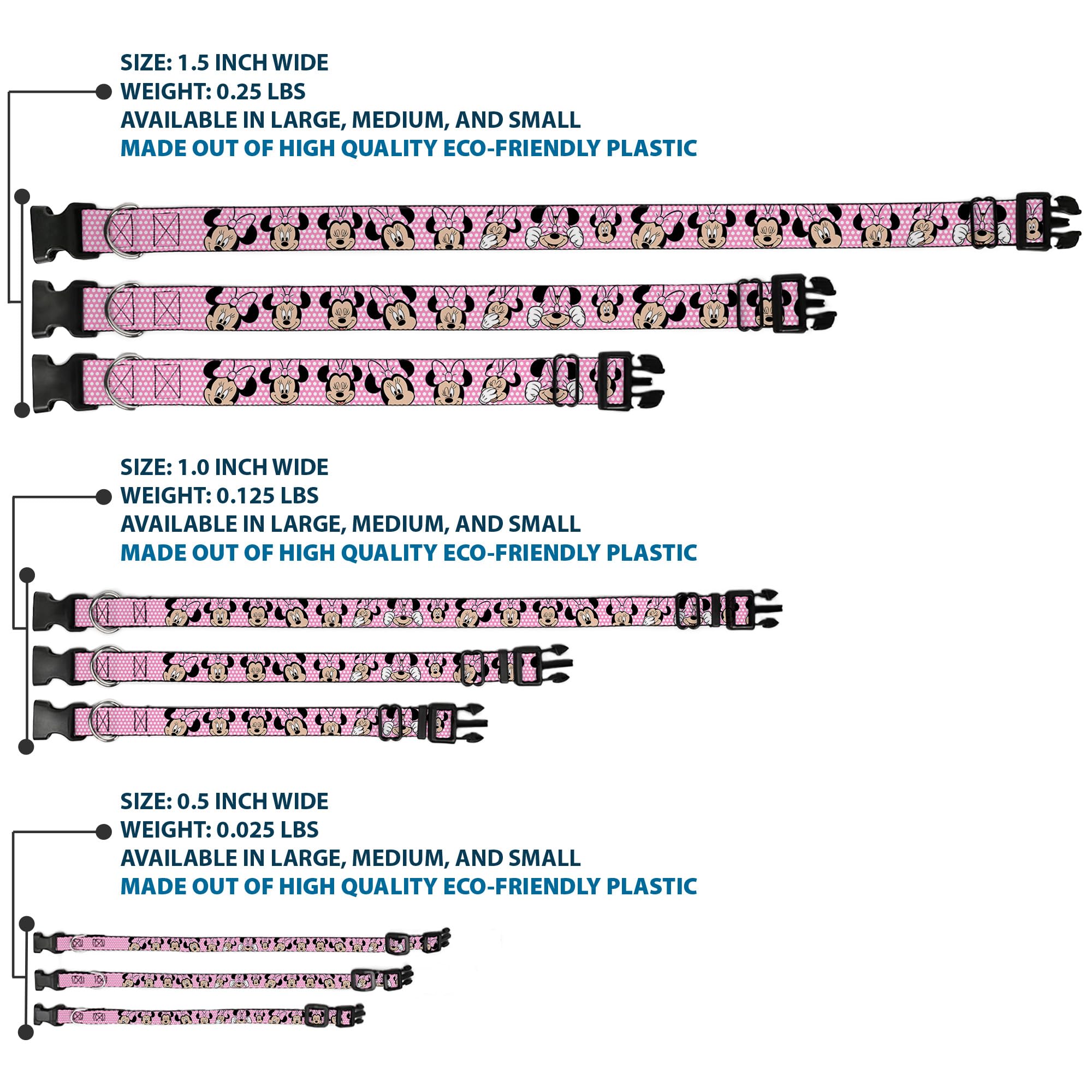 Buckle-Down Plastic Clip Collar - Minnie Mouse Expressions Polka Dot Pink/White - 1/2 Wide - Fits 9-15 Neck - Large