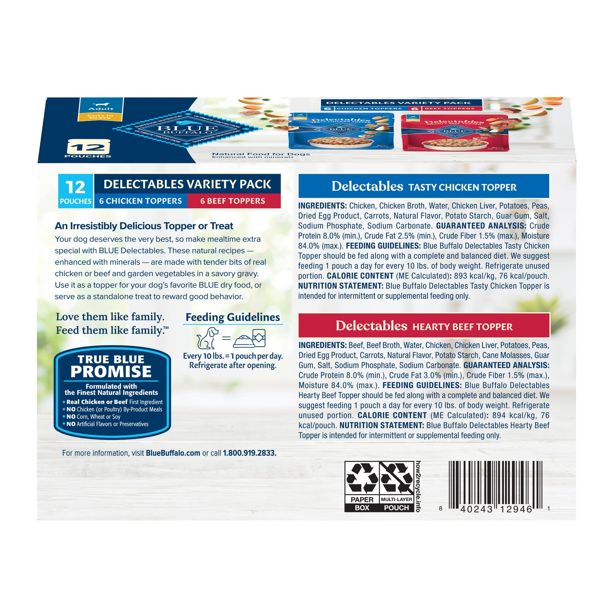 Blue Buffalo Delectables Natural Wet Dog Food Toppers Variety Pack, Tasty Chicken & Hearty Beef, Cuts in Gravy, 3-oz. (12 Pouche