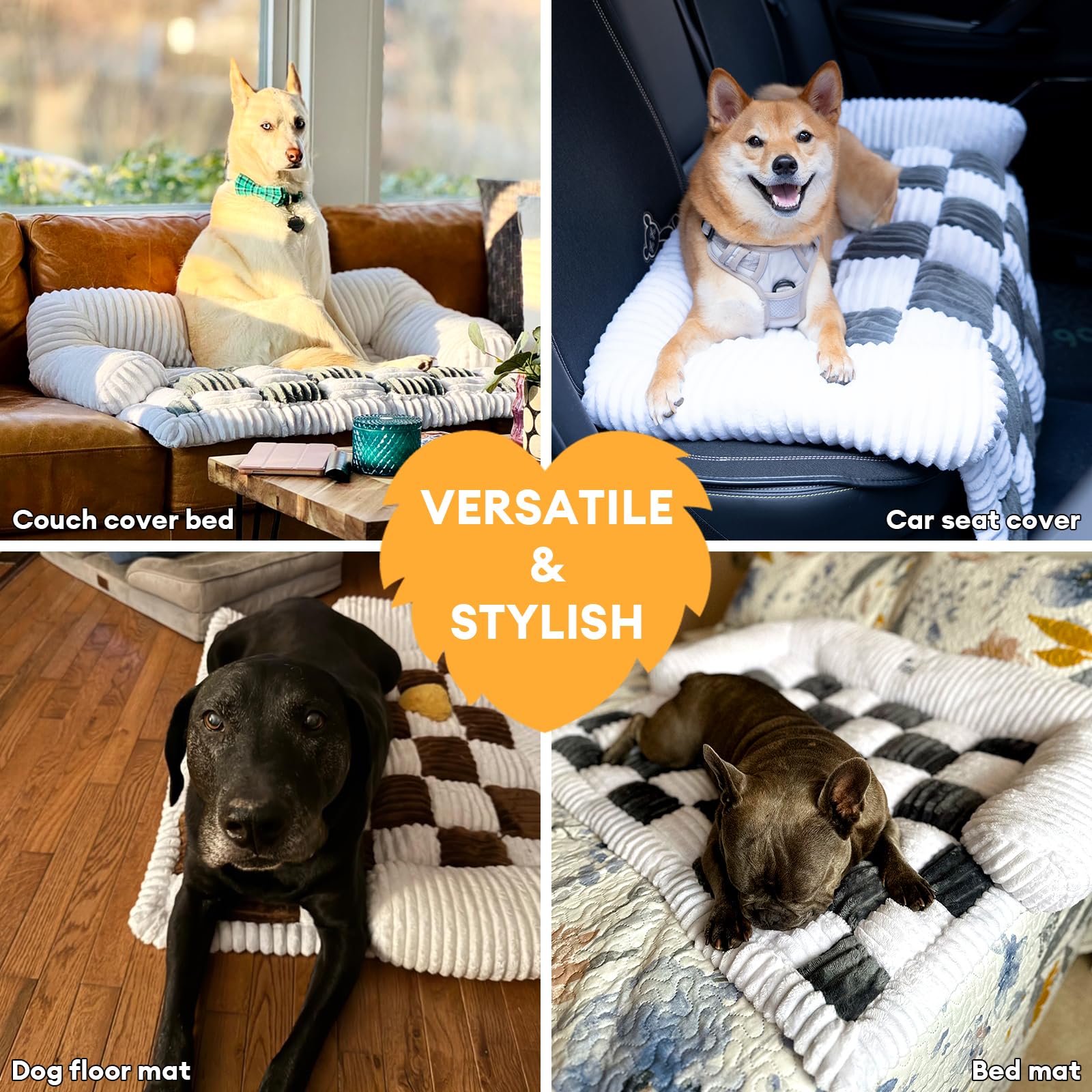 Funny Fuzzy Couch Cover For Dogs, Loveseat Covers Bed For Large Dogs Cream Plaid Washable Pet Mat For Furniture Protector For Ca