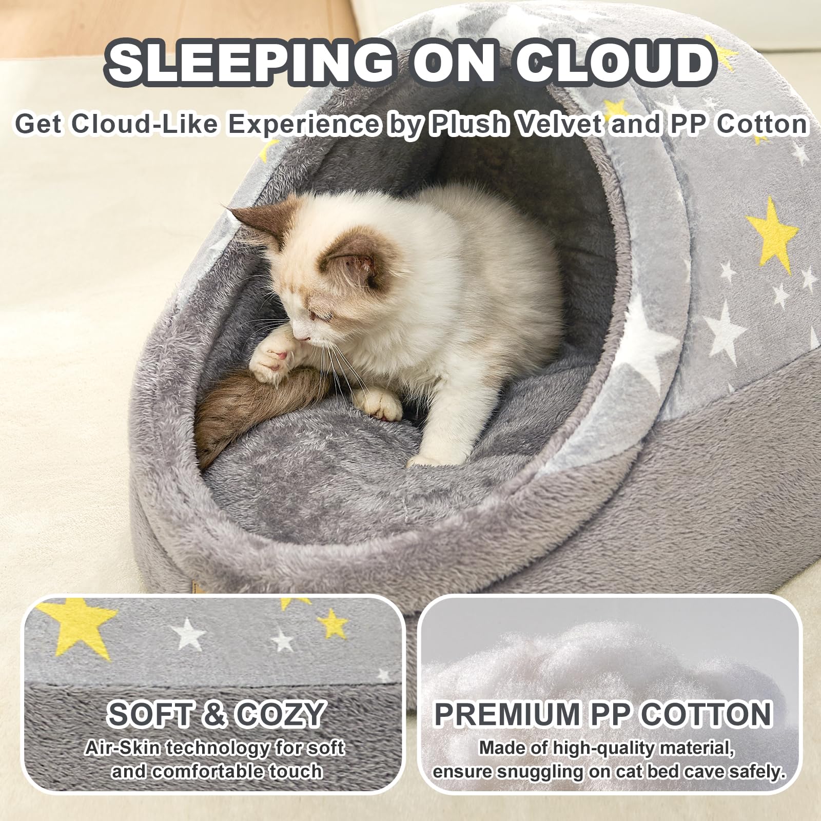 Jiupety Cat Cave Bed for Indoor Cats, Medium Gray Polyester with Washable Cushion and Anti-Slip Bottom