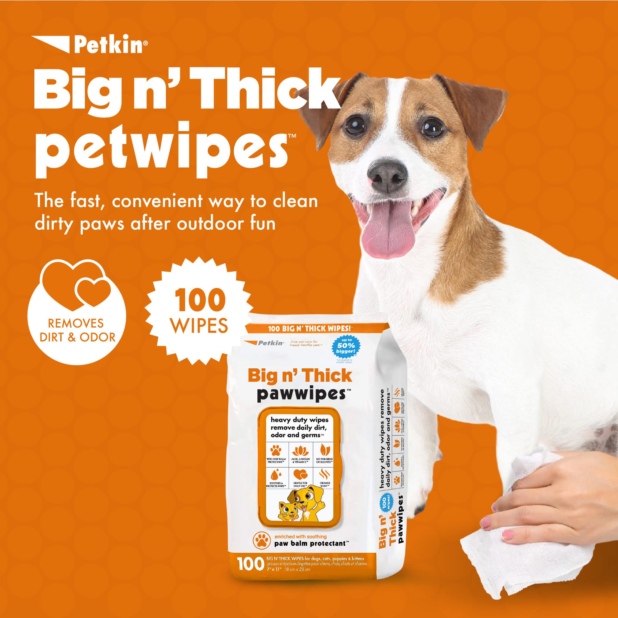 Petkin Big N' Thick Paw Wipes For Dogs, 100 Large Wipes - Clean Dirty Paws After Muddy Walks, With Paw Balm Protectant - Keep Fl