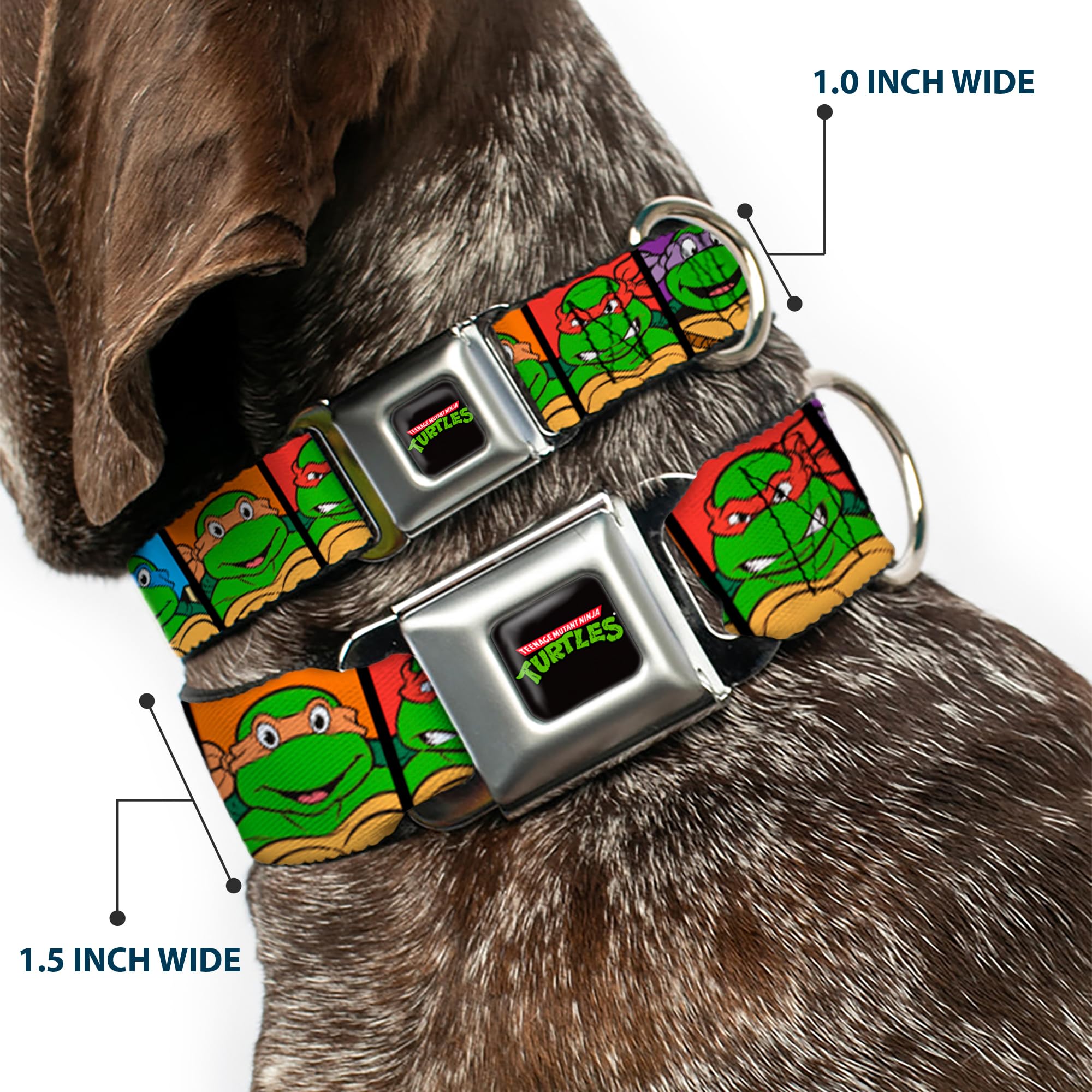 Buckle-Down Seatbelt Buckle Dog Collar - Classic Tmnt Face Blocks Black/Multi Color - 1' Wide - Fits 9-15' Neck - Small
