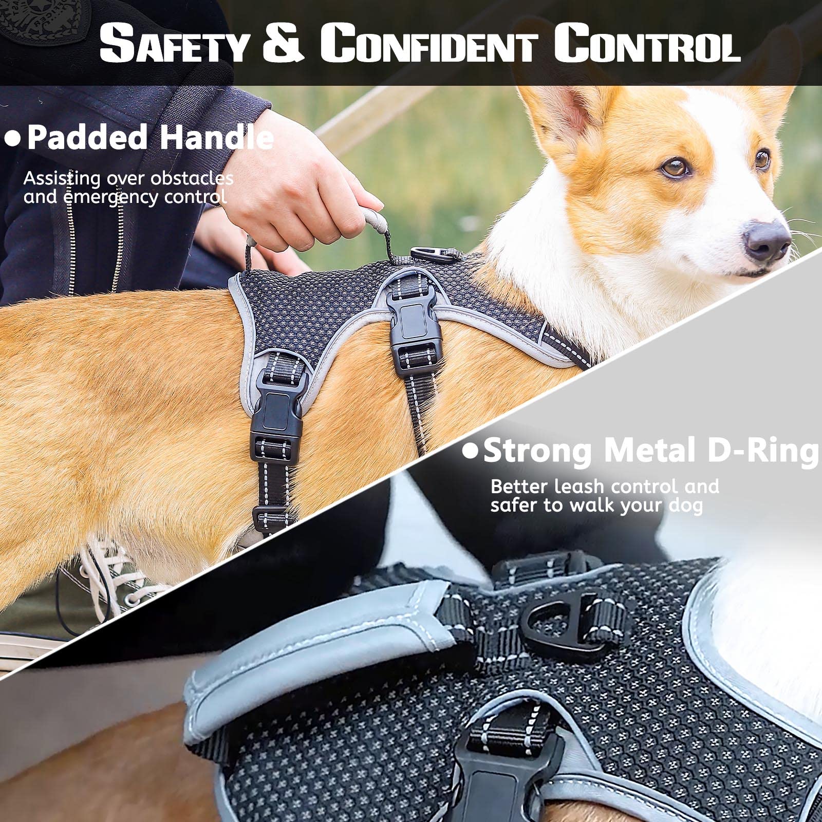No Escape Dog Harness, Escape Proof Harness, Fully Reflective Harness With Padded Handle, Breathable,Durable, Adjustable Vest For Medium Dogs Walking, Training, And Running Gear Black (Medium)