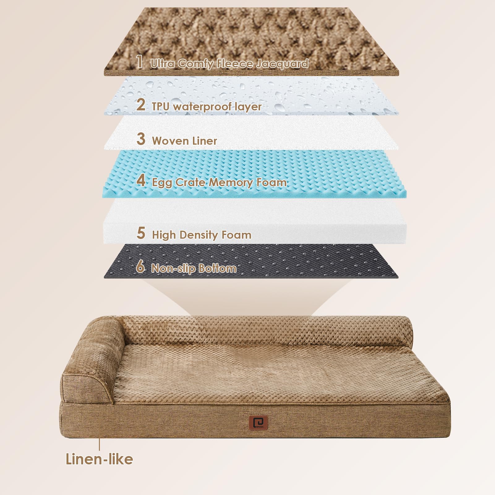 Eheyciga Memory Foam Orthopedic Xl Dog Bed, Washable Dog Bed With Waterproof Lining Removable Cover, Extra Large Dog Bed Sofa With Nonskid Bottom Xlarge Pet Couch Bed, 44X32 Inches, Camel