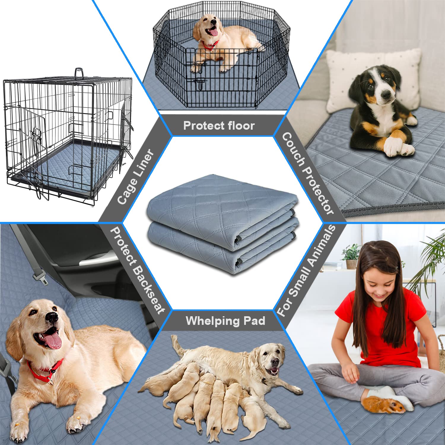 Rioussi Washable Pee Pads For Dogs, Reusable, Absorbent, Leakproof, Non Slip Pet Puppy Pads For Potty Training. Light Gray, 24X3